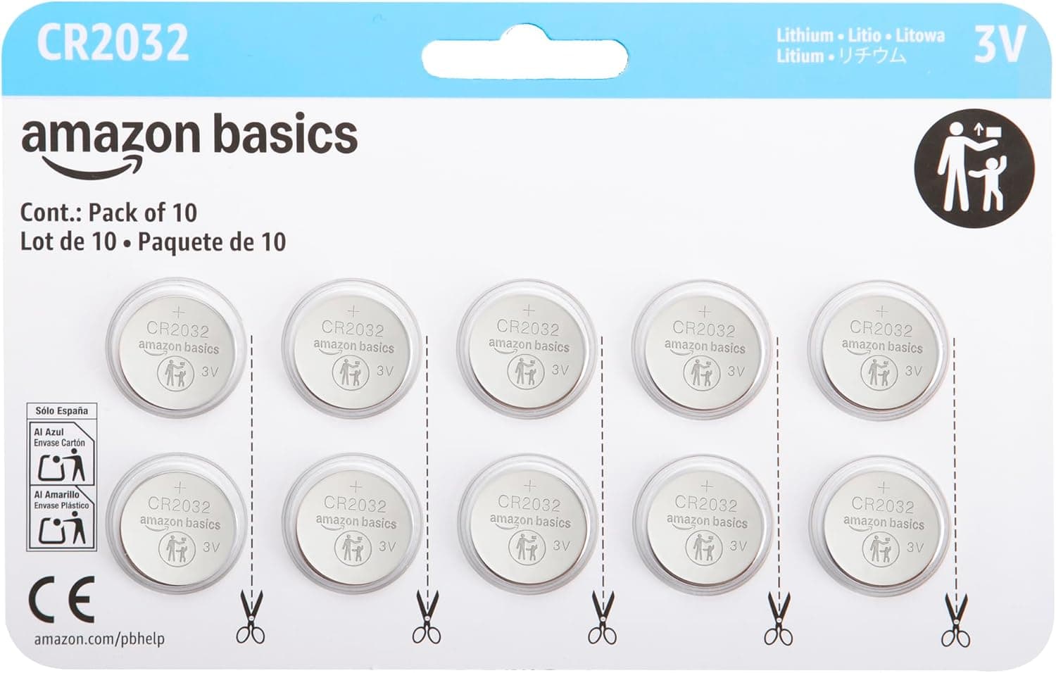 Amazon Basics - Paquete de 10 pilas de litio de botón CR2032, 3 voltios, larga duración, sin mercurio