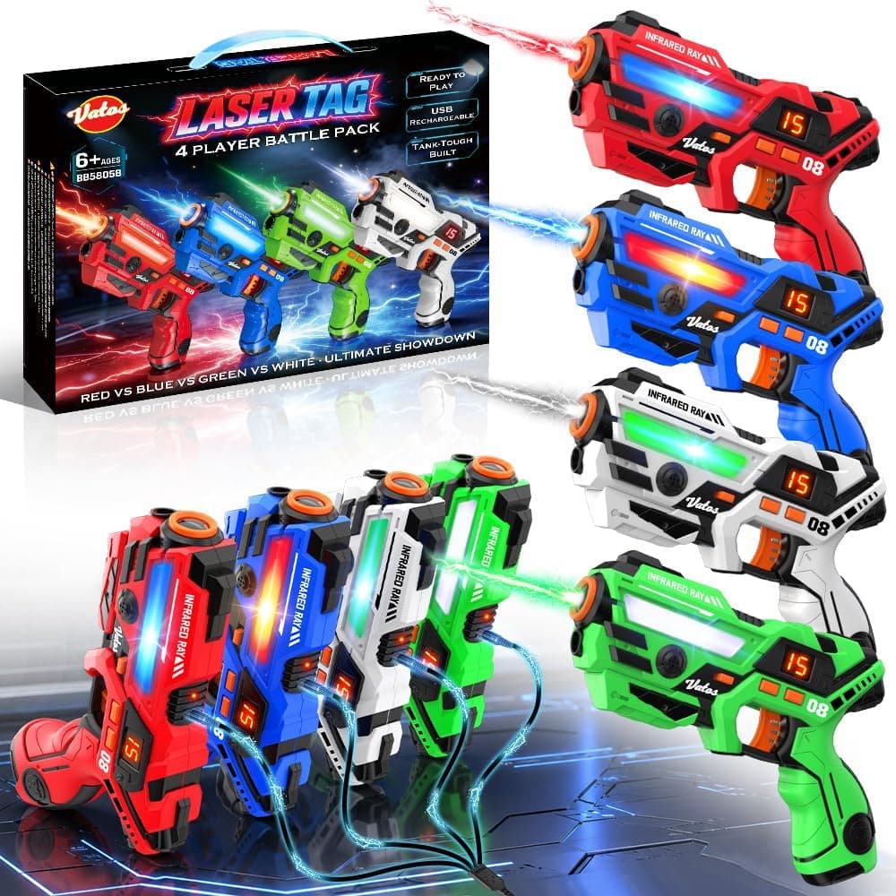 VATOS Set de 4 Laser Tag Recargables, Pistolas Láser con Pantalla LED, Sonido y Vibración, Alcance de 40 m, Juego de Disparos para Interior y Exterior, Regalo Ideal para Niños a Partir de 6 Años