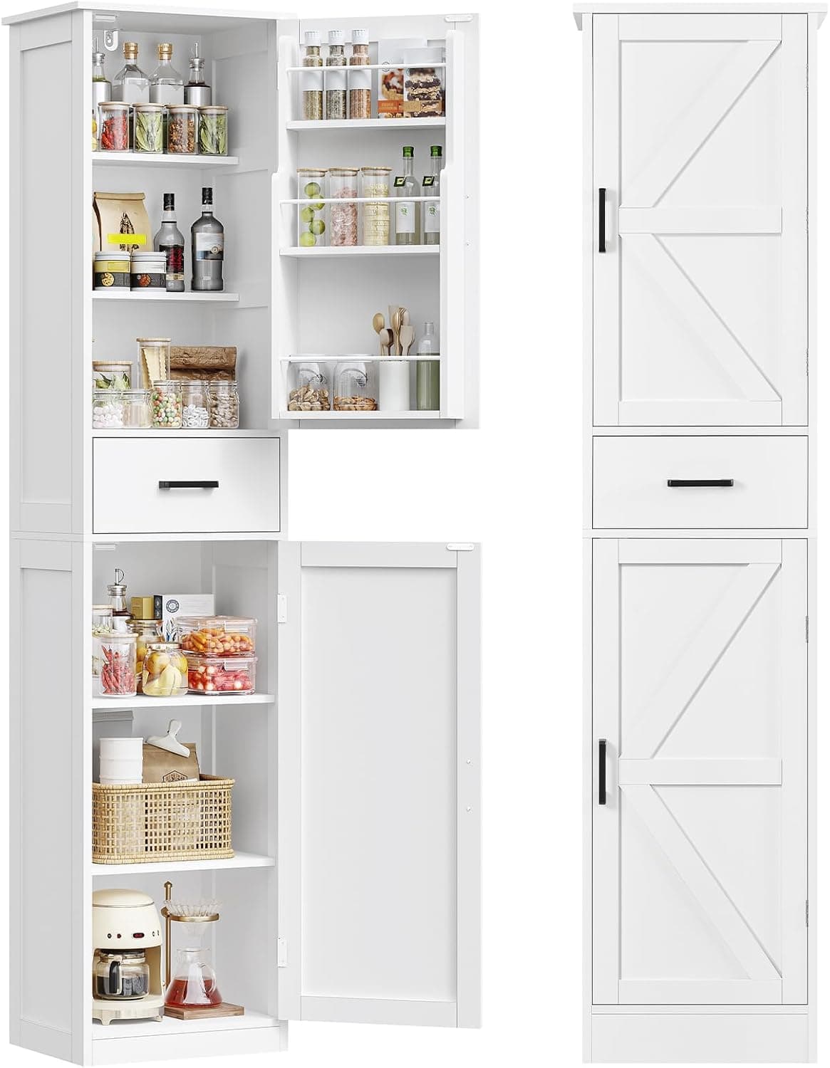 TEENFON Alacena de Cocina Alta y Despensa, Armario Multiusos con 2 Puertas, 1 Cajón y Estantes Ajustables, Aparador y Mueble de Baño para Cocina, Salón, Baño, 170 x 40 x 30 cm, Blanco
