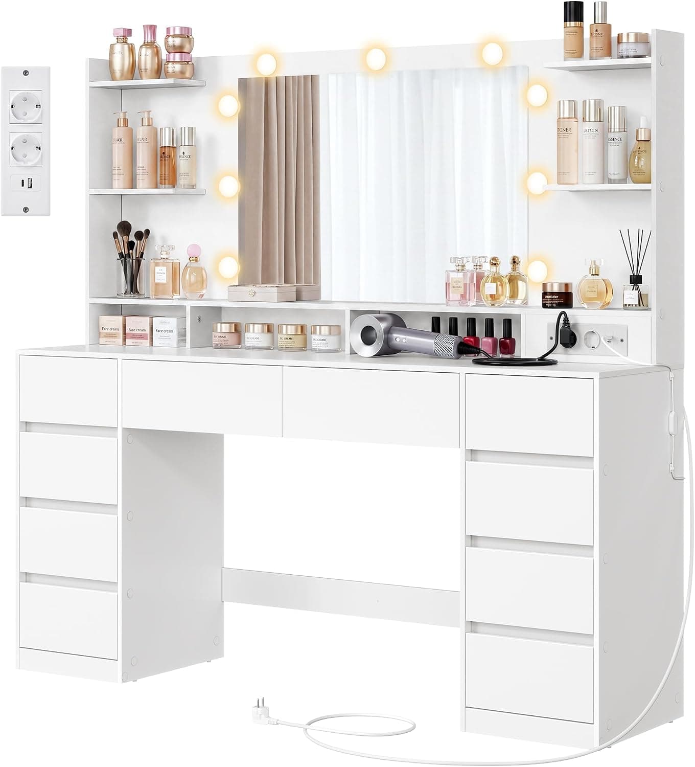 VASAGLE Tocador de Maquillaje con Luz, Espejo, Cajones y Enchufe