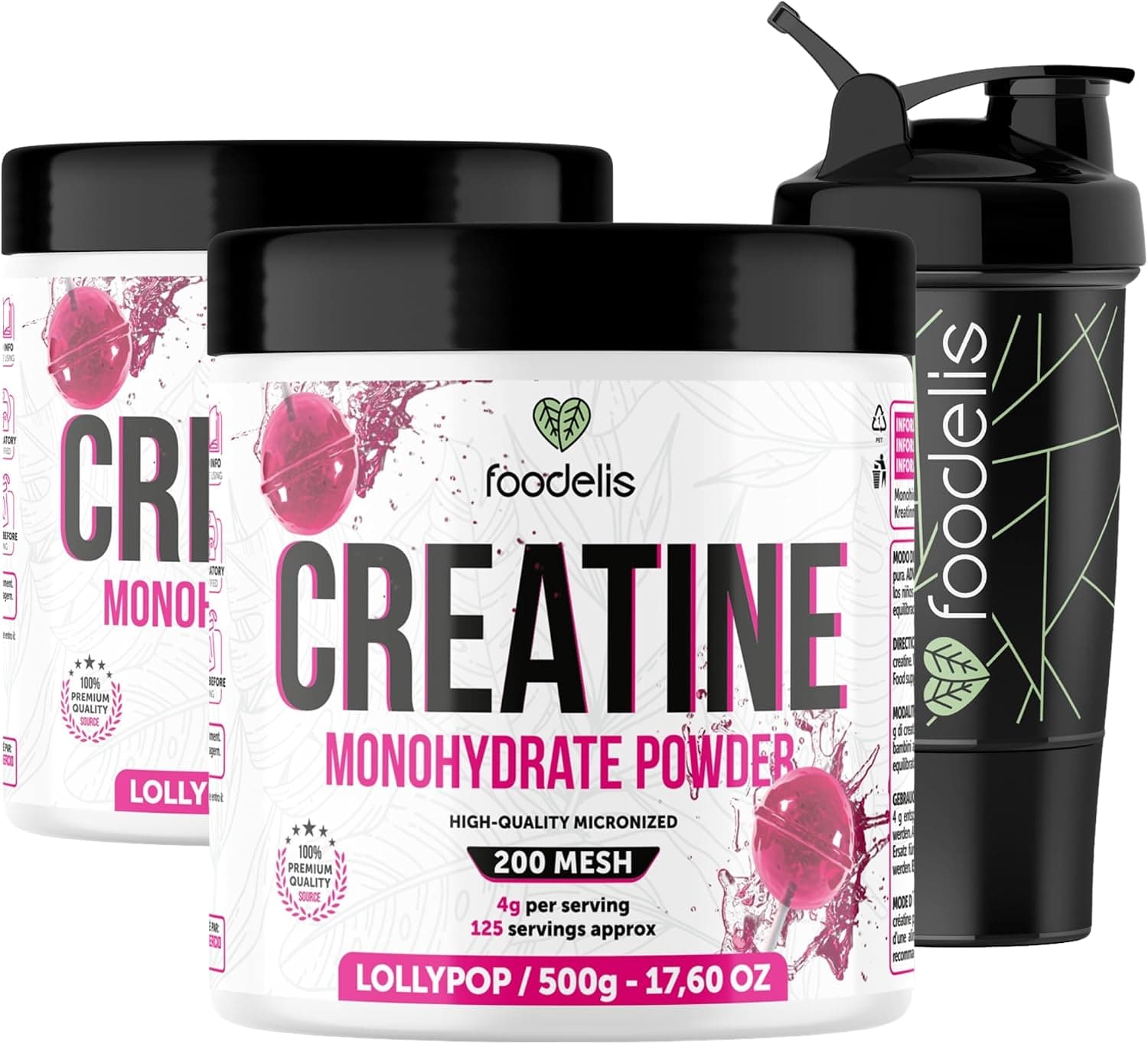 Foodelis Creatina Monohidratada en Polvo – Sabor Lollypop – 100% Creatina Micronizada – Alta Pureza – Sin Aditivos – Vegana – Alta Solubilidad – Incluye Dosificador (1 kg + Mezclador)