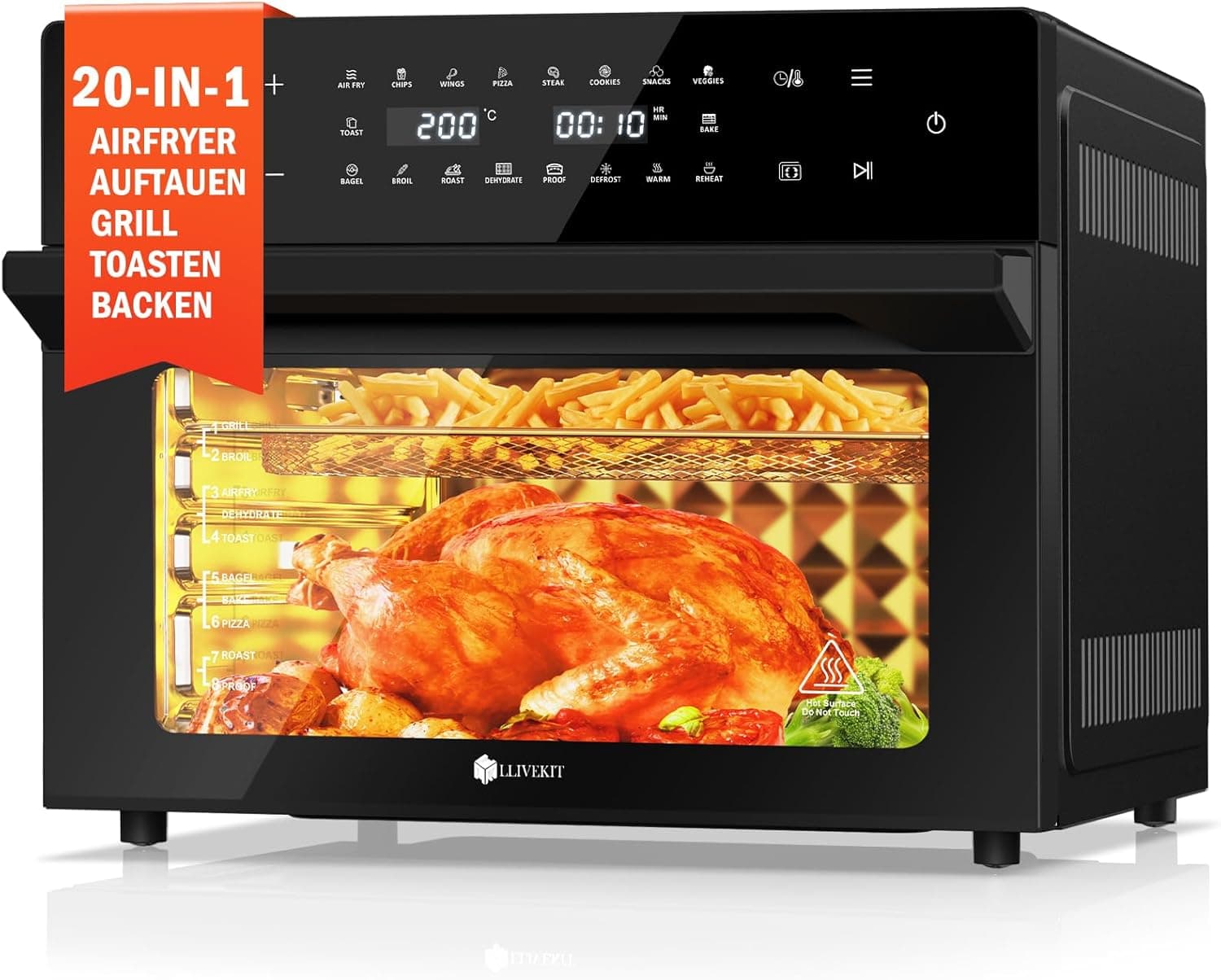 LLIVEKIT Freidora de Aire XXL 30 L con Asador Giratorio, 20 Programas