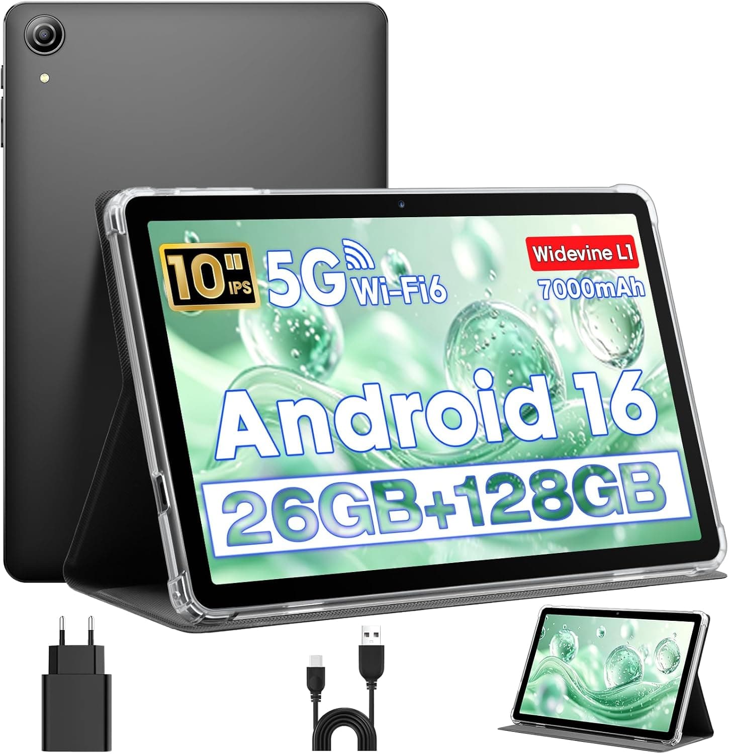 Tableta 10 Pulgadas, Tableta Android 16 en Funda, CPU Unisoc T606, 26 GB RAM + 128 GB ROM + 1 TB TF, Pantalla HD IPS 1280x800, Batería 7000 mAh, Cámara Dual, WiFi 6, BT 5.0, Widevine L1, GPS (K70)