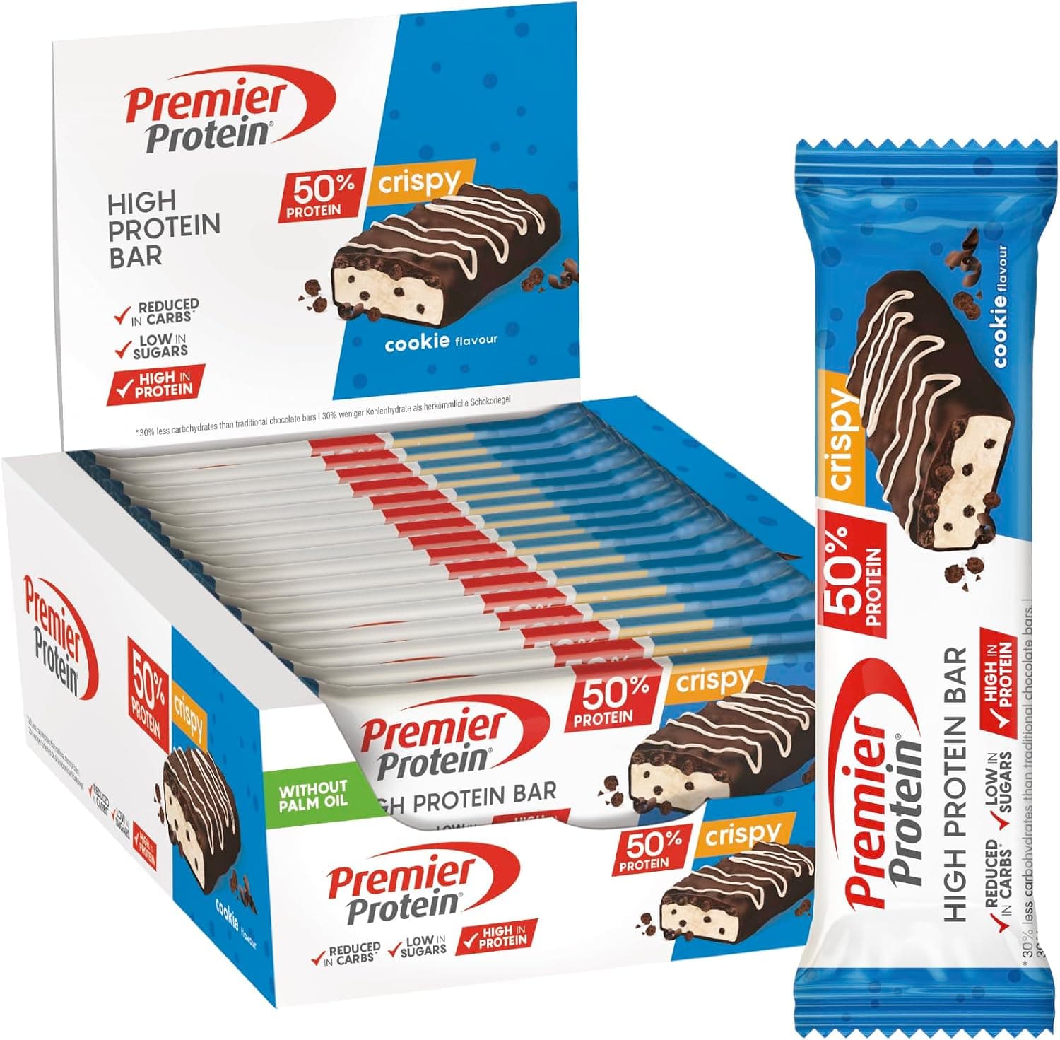 Premier Protein High Protein Bar Crispy Cookie 16x40g - High Protein Low Sugar Riegel + Palmölfrei