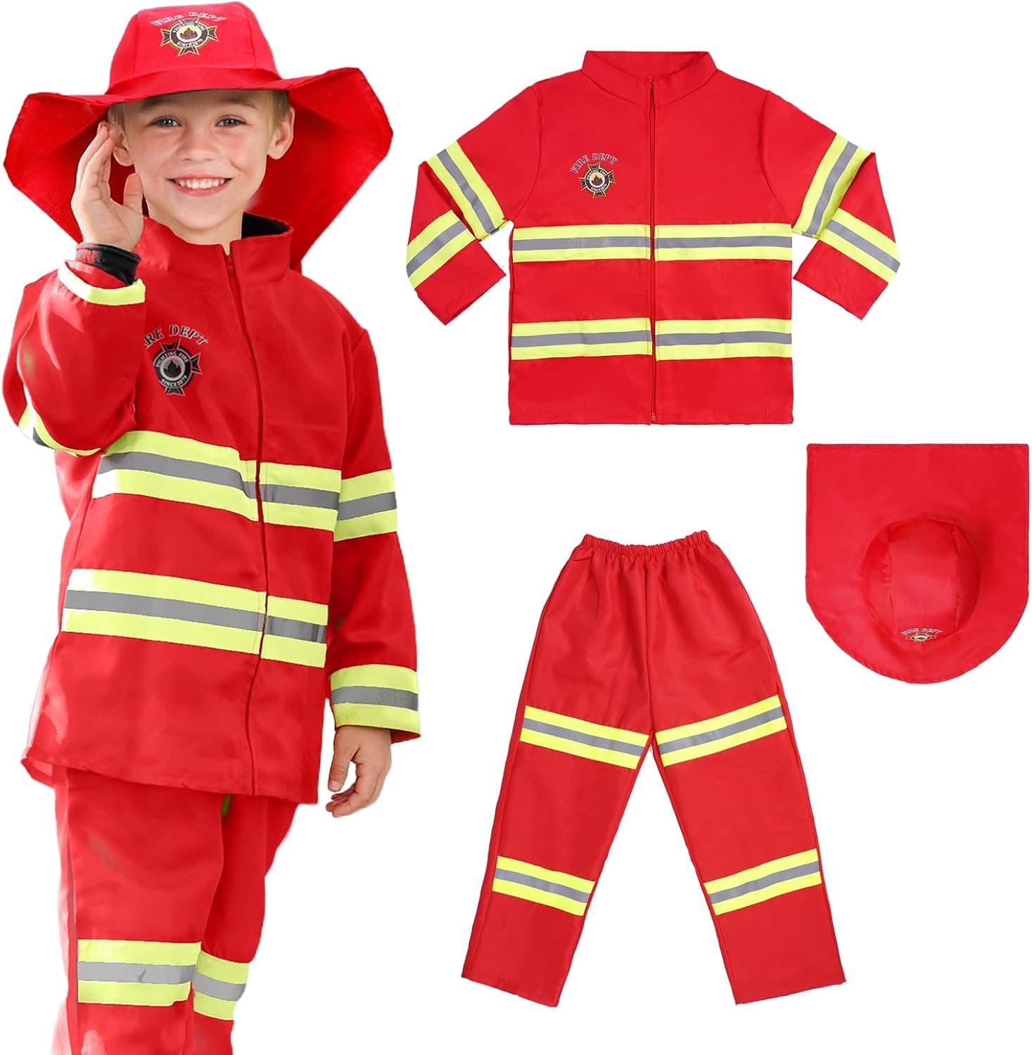 Disfraz de Bombero para Niños, 3 pcs Traje de Bombero Infantil con Sombrero, Juego de rol de Bombero para Disfraces, Educación sobre Simulacros de Incendio, Navidad