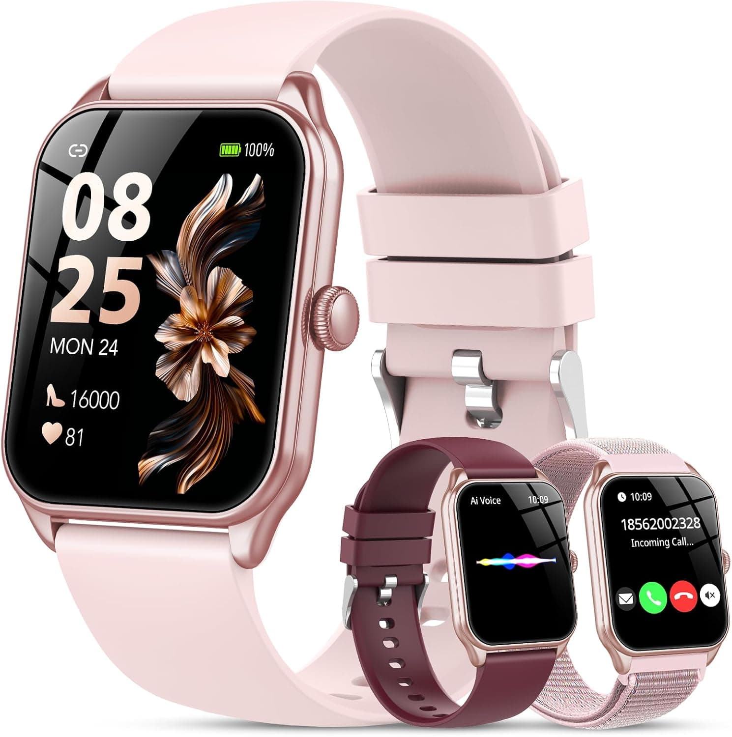 Reloj Inteligente Mujer-3 Correas, Llamadas Bluetooth y Voz AI, Whatsapp Notificación,1.83" Smartwatch Mujer con SpO2 Pulsómetro Monitor de Sueño,120+Modos Deportes, Impermeable IP68 para iOS/Android