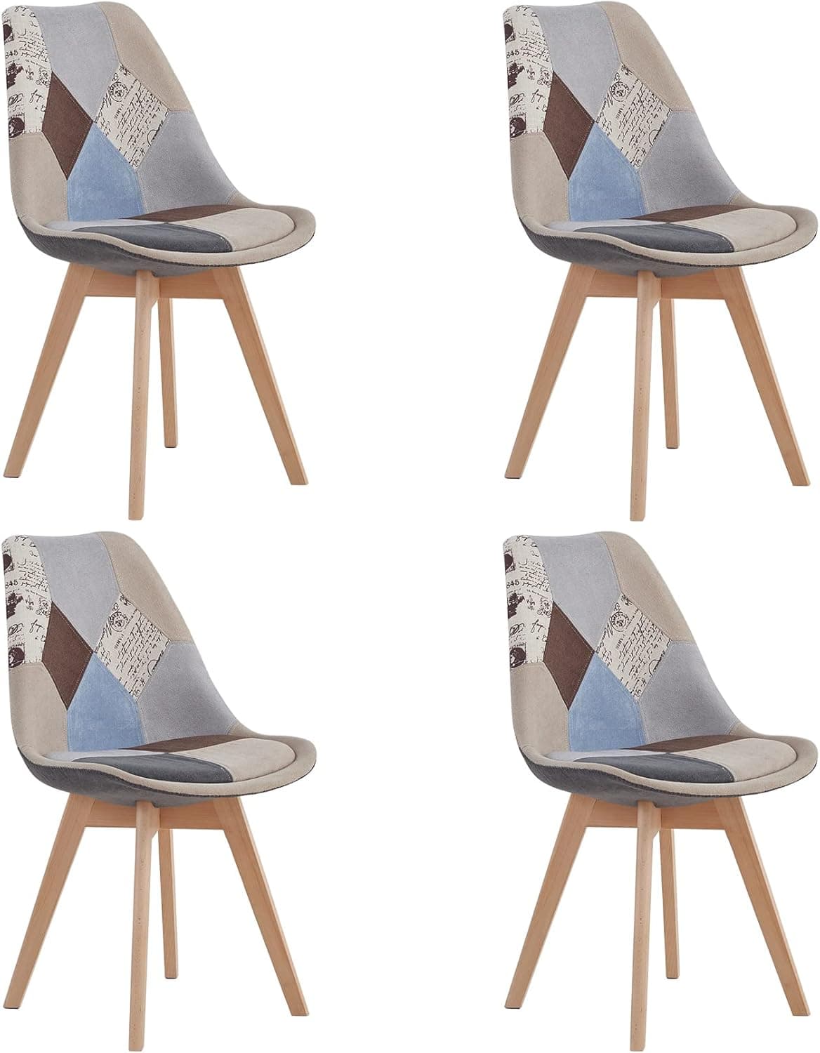 Pack 4 Sillas de Comedor con Diseño de Patchwork con Asiento Tapizado y Patas de Madera, Respaldo Ergonómico (Gris, 4)