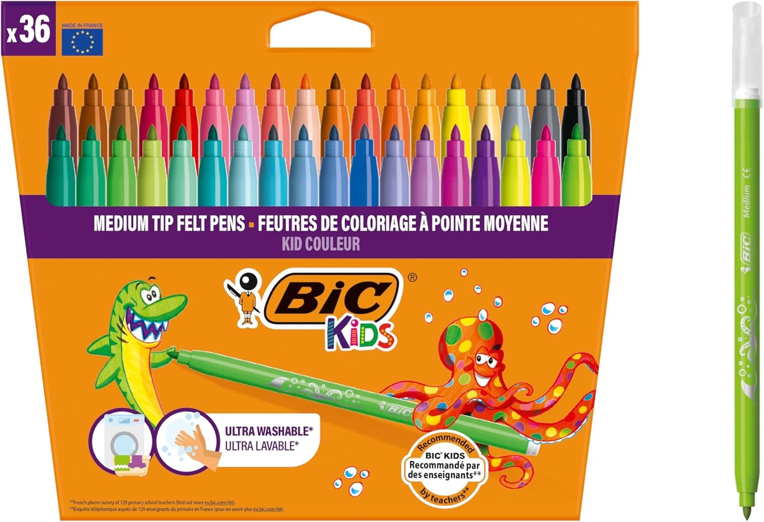BIC Kids Kid Couleur, Rotuladores Lavables para Niños, Punta Media, Colores Surtidos. Ideales para Actividades Creativas. Estuche de 36 Rotuladores.
