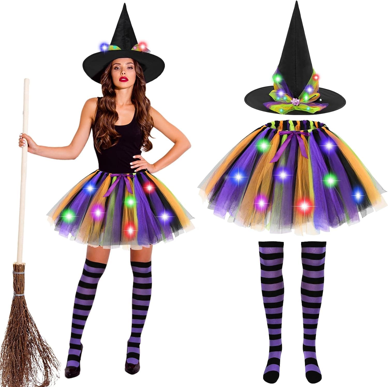 Disfraz Bruja Mujer,Neon Falda Tutú Gorro Bruja y Medias Disfraces Halloween Witch Costume Adulto Disfraces Carnaval Cosplay
