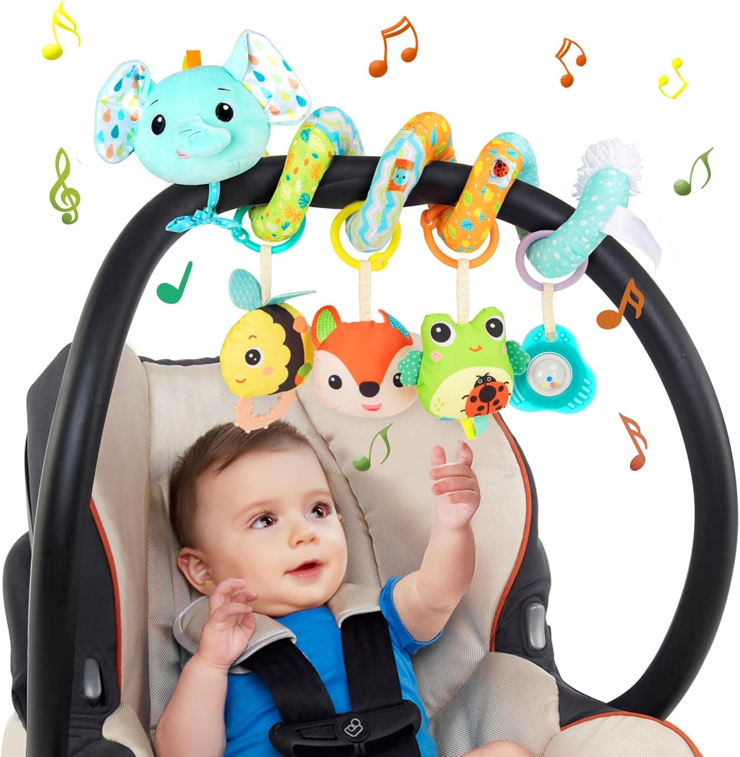Espiral Carro Bebe Juguetes - Juguete Colgante Espiral Actividades con Musica y Sonajero, Juguetes Recien Nacido 0 3 6 12 Meses, Peluches para Bebes Niños y Niñas Regalos Originales, Elefante