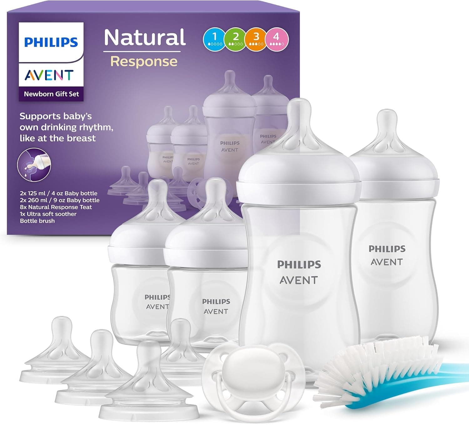 Philips Avent Set de regalo de biberones para recién nacidos: 4 biberones, 2 tetinas de repuesto, chupete ultra soft y escobilla para biberón, bebés de 0-12 meses (modelo SCD838/13)