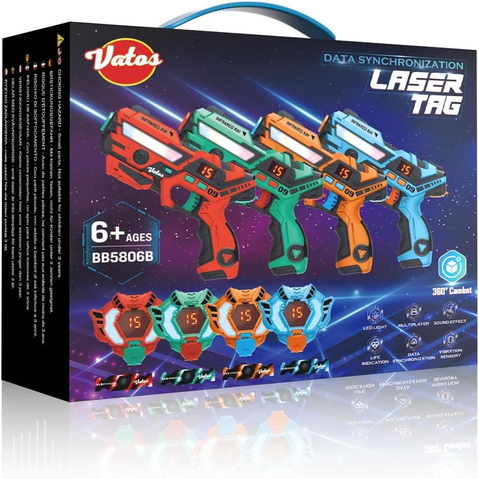 VATOS Laser Tag 360°Sensors Set de 4 Jugadores, Pistola láser Recargable de Infrarrojos de 2,4 GHz con Pantalla de Datos en Tiempo Real, Pistolas de Juguete para niños a Partir de 6 años