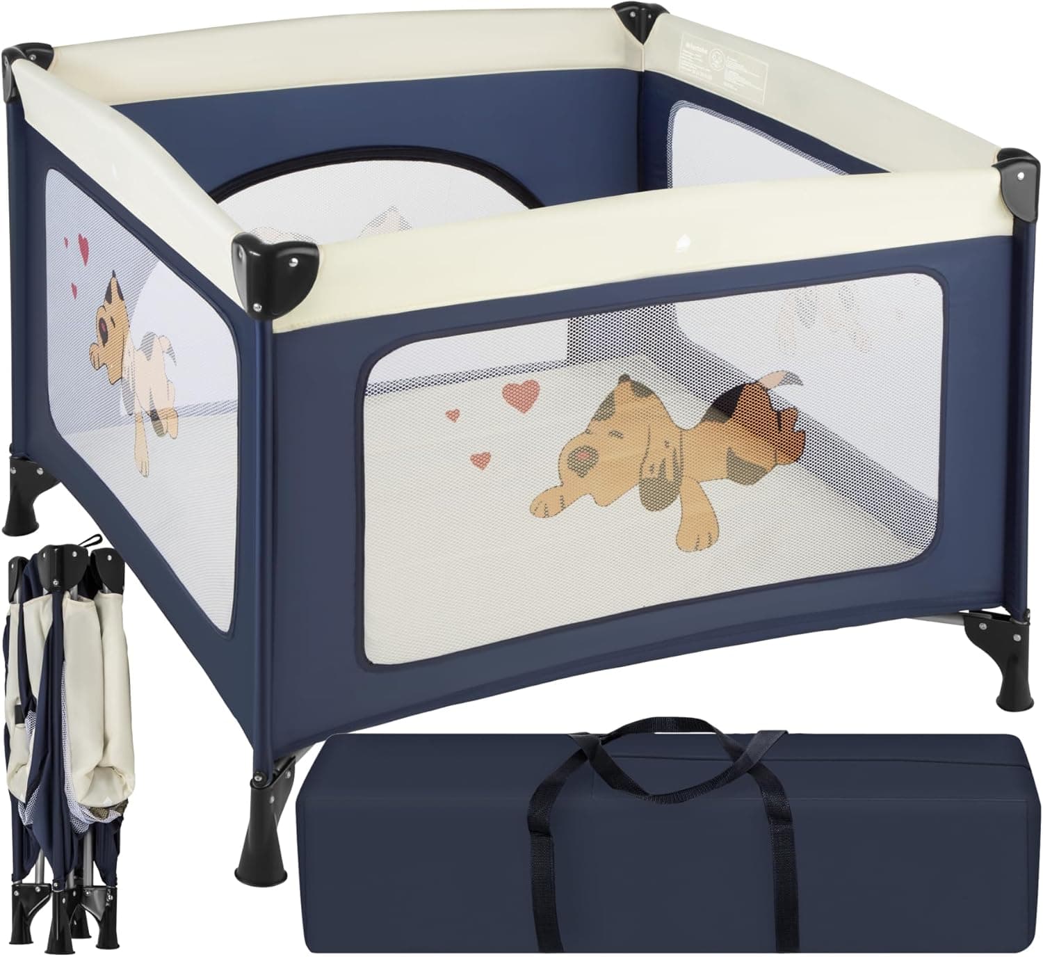 tectake® Parque Infantil Plegable con Estructura Estable, Apertura Lateral con Cremallera, Minicuna Portátil con Colchoneta, Cama Viaje, Corralito, Cuna Colecho, Cuna Bebe - 105 x 105 x 78 cm Azul