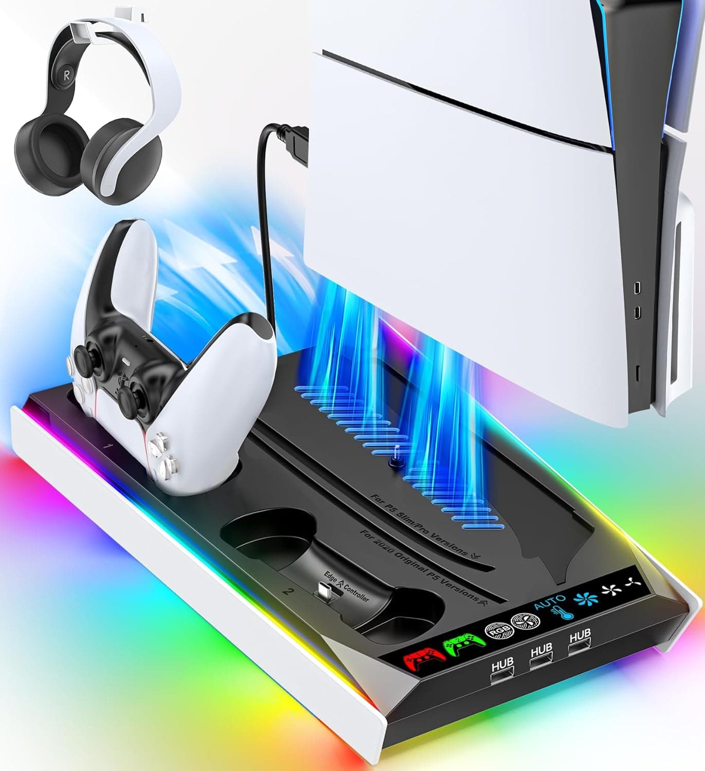 Soporte para PS5/Pro/Slim y Refrigeración para PS 5 Disc & Digital, Cargador para PS5 & Edge Mando, Ventilador Automático PlayStation 5 de 3 Velociadades 3 USB HUB