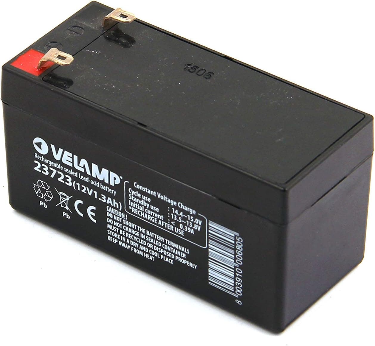 Velamp 23723 Batería Recargable Plomo, ACoplamientos Faston, 12 V, 1.3 Ah, Negro