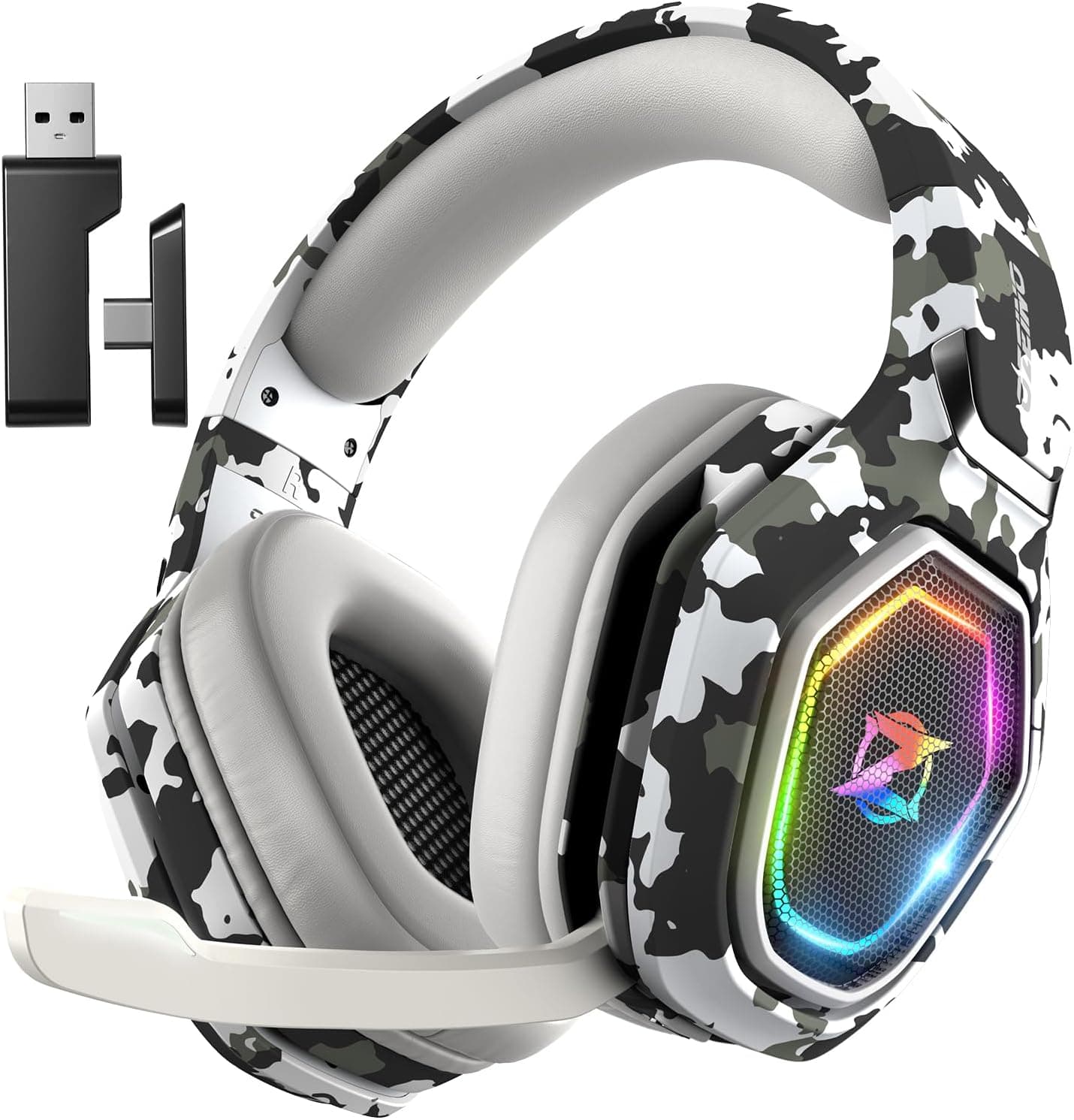 Ozeino Cascos Gaming Inalámbricos para PC/Ps5/Ps4, Auriculares Gaming Inalámbricos de 2,4GHz Wireless+Bluetooth (Camu)