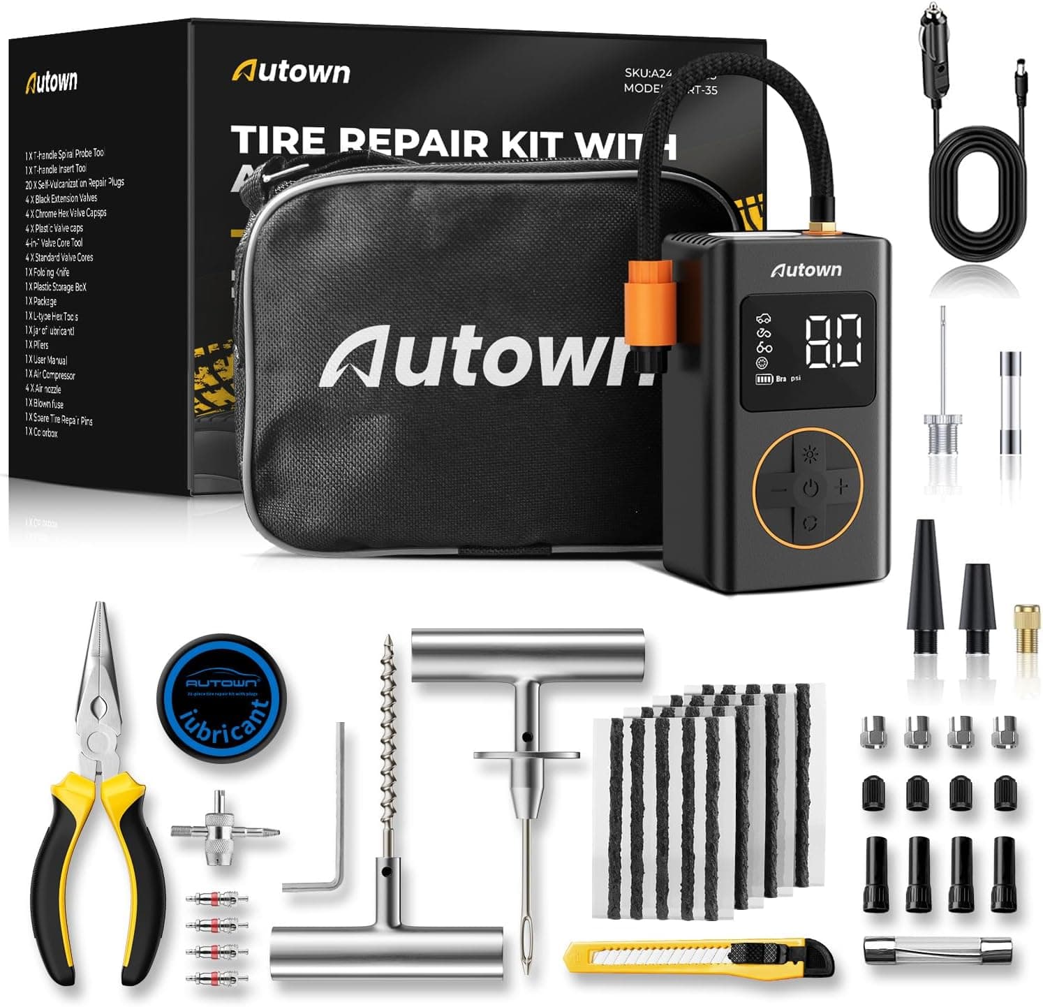 AUTOWN 54 Piezas Kit Antipinchazos Coche con Compresor, 12V&150PSI