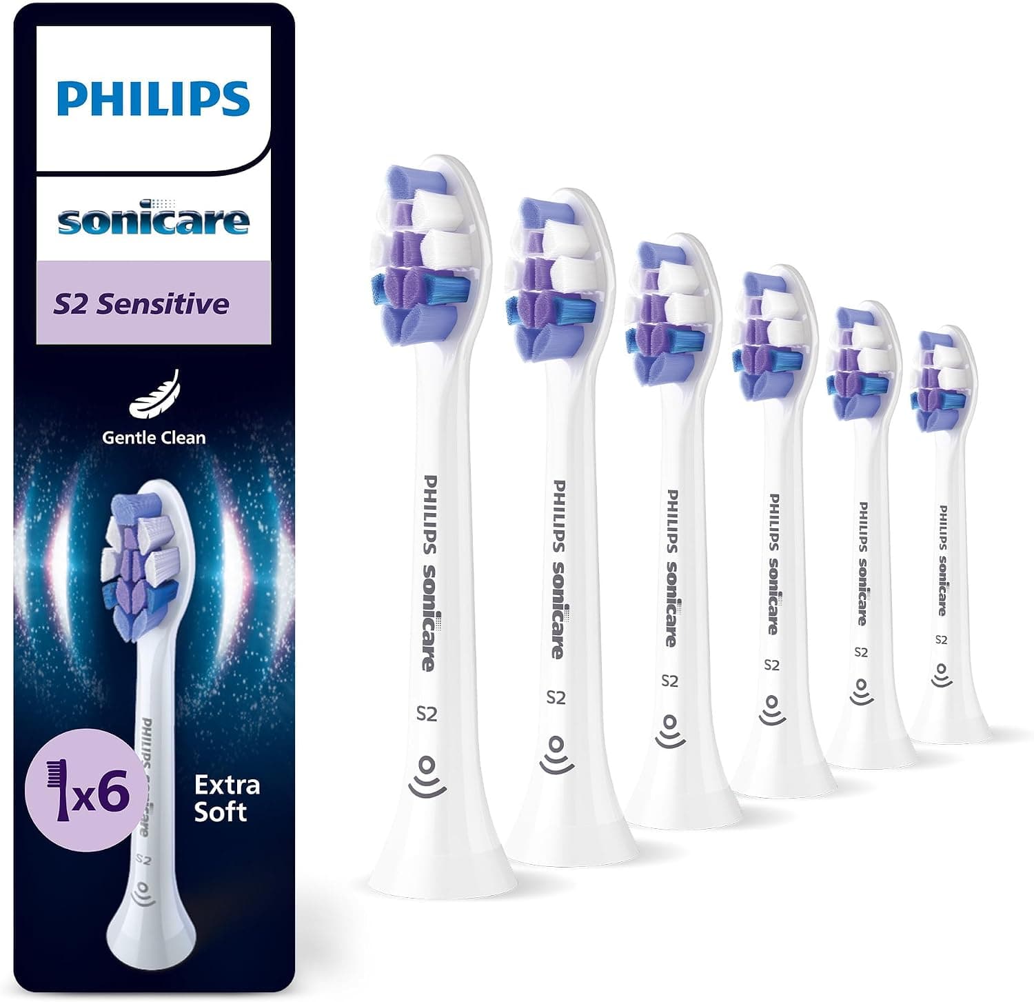 Philips Sonicare S2 Sensitive, cabezales de cepillo dental de repuesto originales, blanco, paquete de 6, HX6056/87