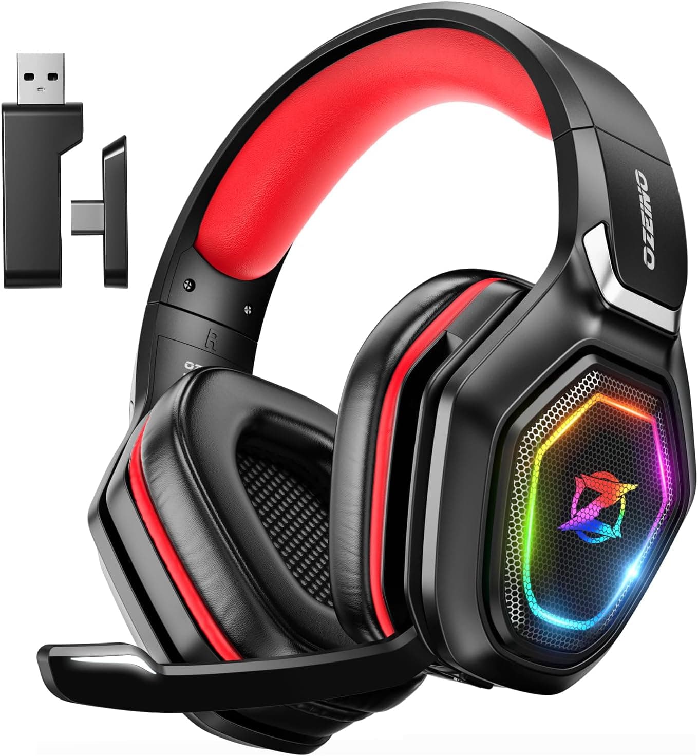 Ozeino Cascos Gaming Inalámbricos para PC/Ps5/Ps4, Auriculares Gaming Inalámbricos de 2,4GHz Wireless+Bluetooth, Baja Latencia Calidad de Sonido sin Pérdidas, Duración 30Hr+