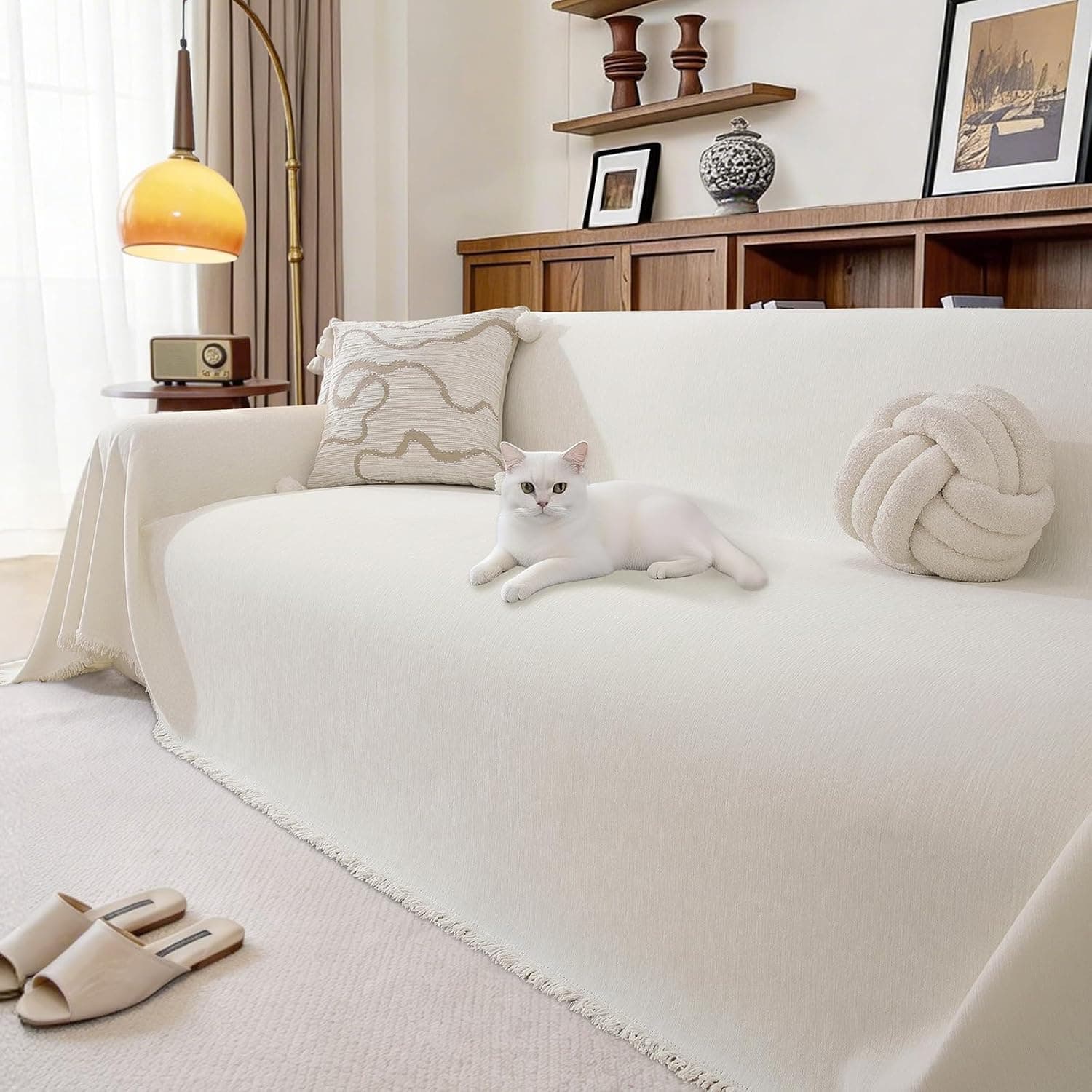 Ystyle Funda Sofa 4 Plazas, 180x380 CM, Manta Cubre Sofa, Crema