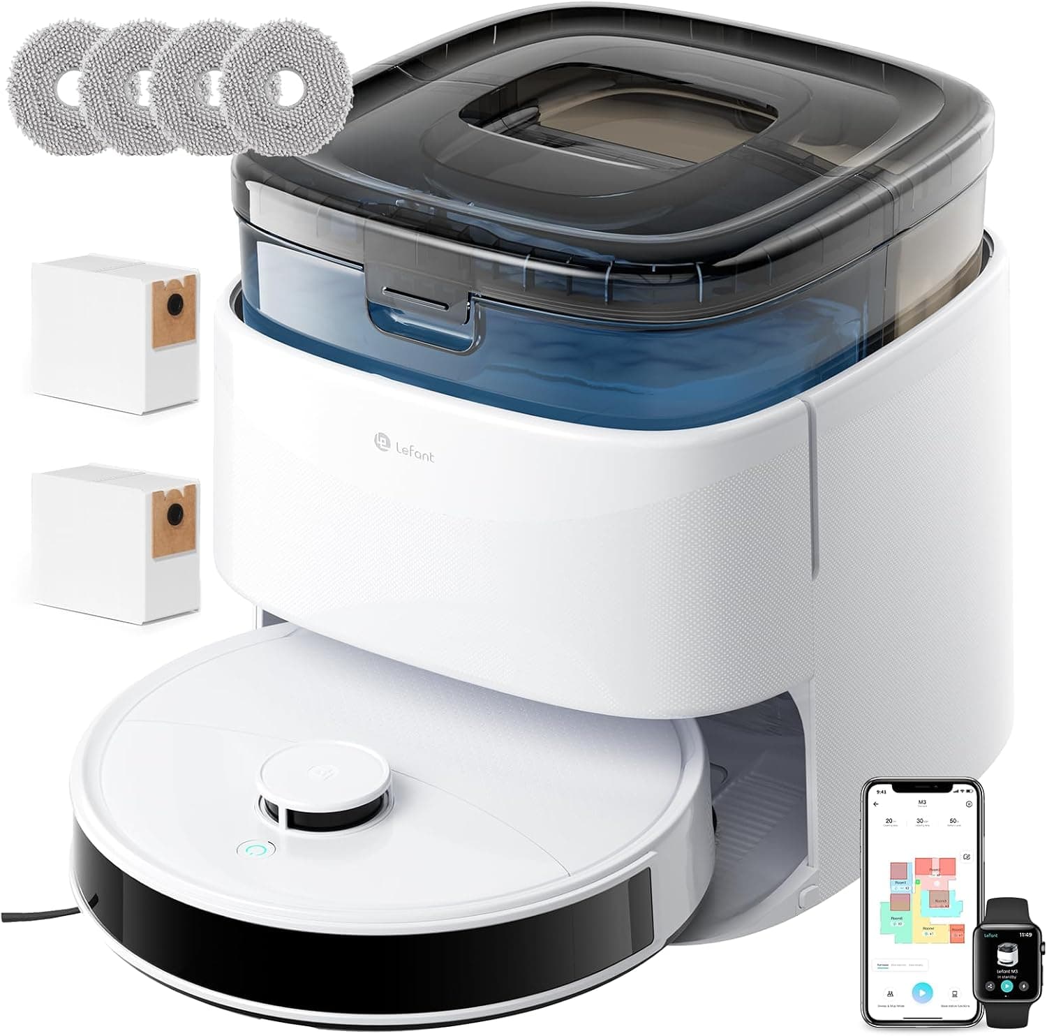 Lefant M3 Robot Aspirador con Mapeo, 12000Pa, Navegación dToF LiDAR, Evitar obstáculos PSD, llenado de Vaciado, Lavado y Secado automático, WiFi/Alexa/App, Blanco
