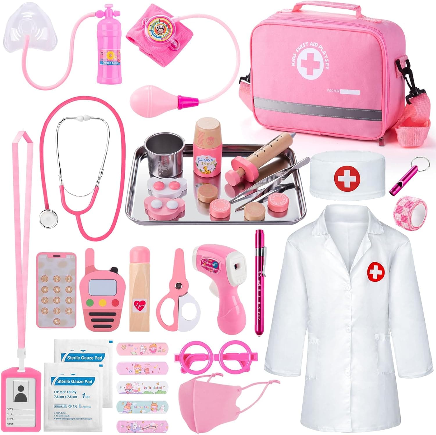 Sundaymot Maletin Medicos Juguete, 35 Piezas Madera Doctora Juguete con Estetoscopio Real, Bata, Cilindro de oxígeno, Termómetro y Jeringa, Juguete Educativo para Niños de 3+ Años