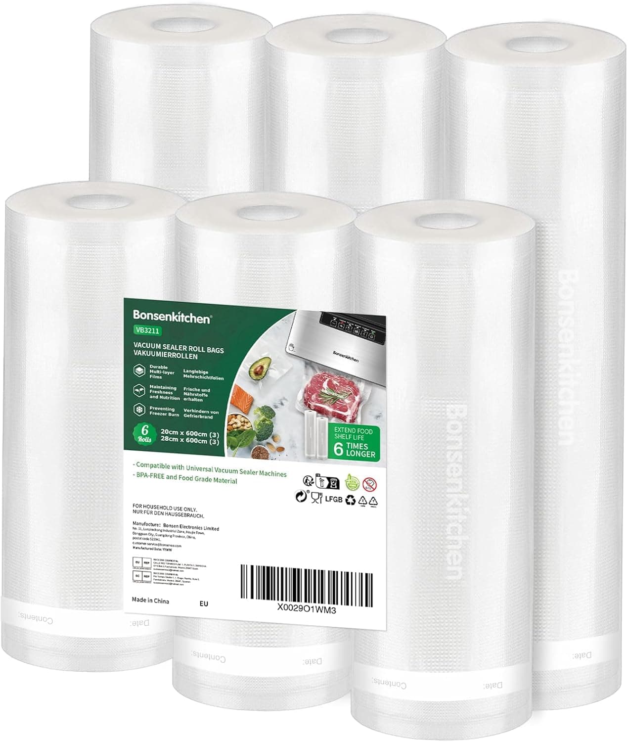 Bonsenkitchen Bolsas Vacío Alimentos, 3 Rollos 28x600cm + 3 Rollos 20x600cm