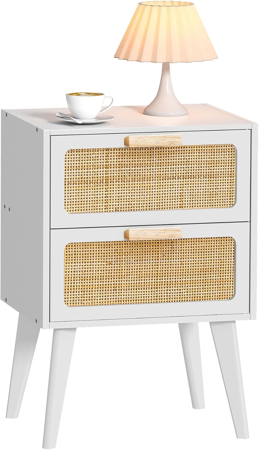 YAUKOMEL Mesita de Noche de ratán, Mesa Auxiliar de Madera con 2 cajones Hechos a Mano de ratán, mesita de Noche Bohemia, Mesa Auxiliar con Almacenamiento, para salón, Dormitorio, Blanco, DECTG59W