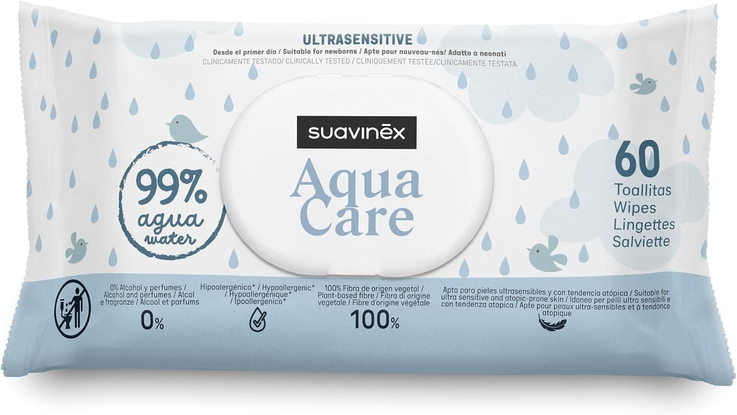 Suavinex, Pack 60 Toallitas Bebé Aqua Care, Húmedas 99% Agua