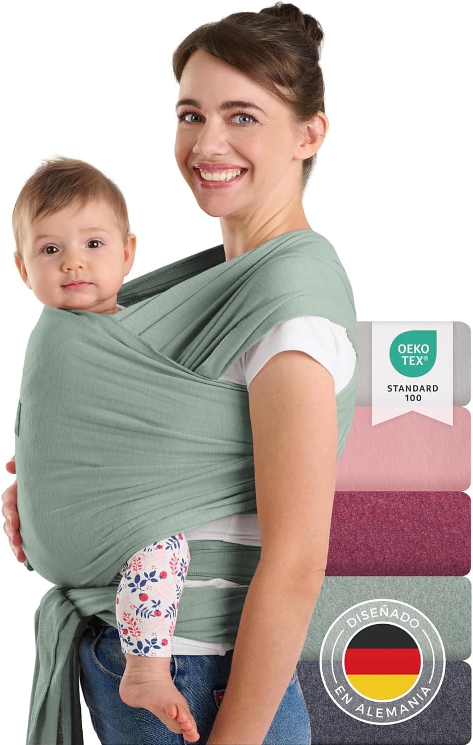 Fular portabebés de Laneli, 100% algodón ecológico, para recién nacidos de hasta 15 kg, fabricación europea, transpirable, sin elastano artificial, color verde