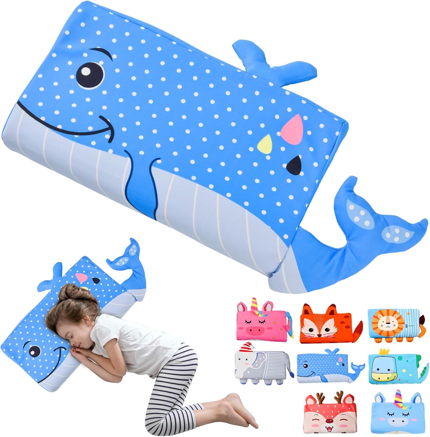 Almohada para Niños, Almohada Bebe, Cojin Bebe con, Almohada Infantil con Funda, Diseño Ergonómico, Transpirable, Hipoalergénico, Ideal para Niños de 3 a 12 Años (Ballena Azul)