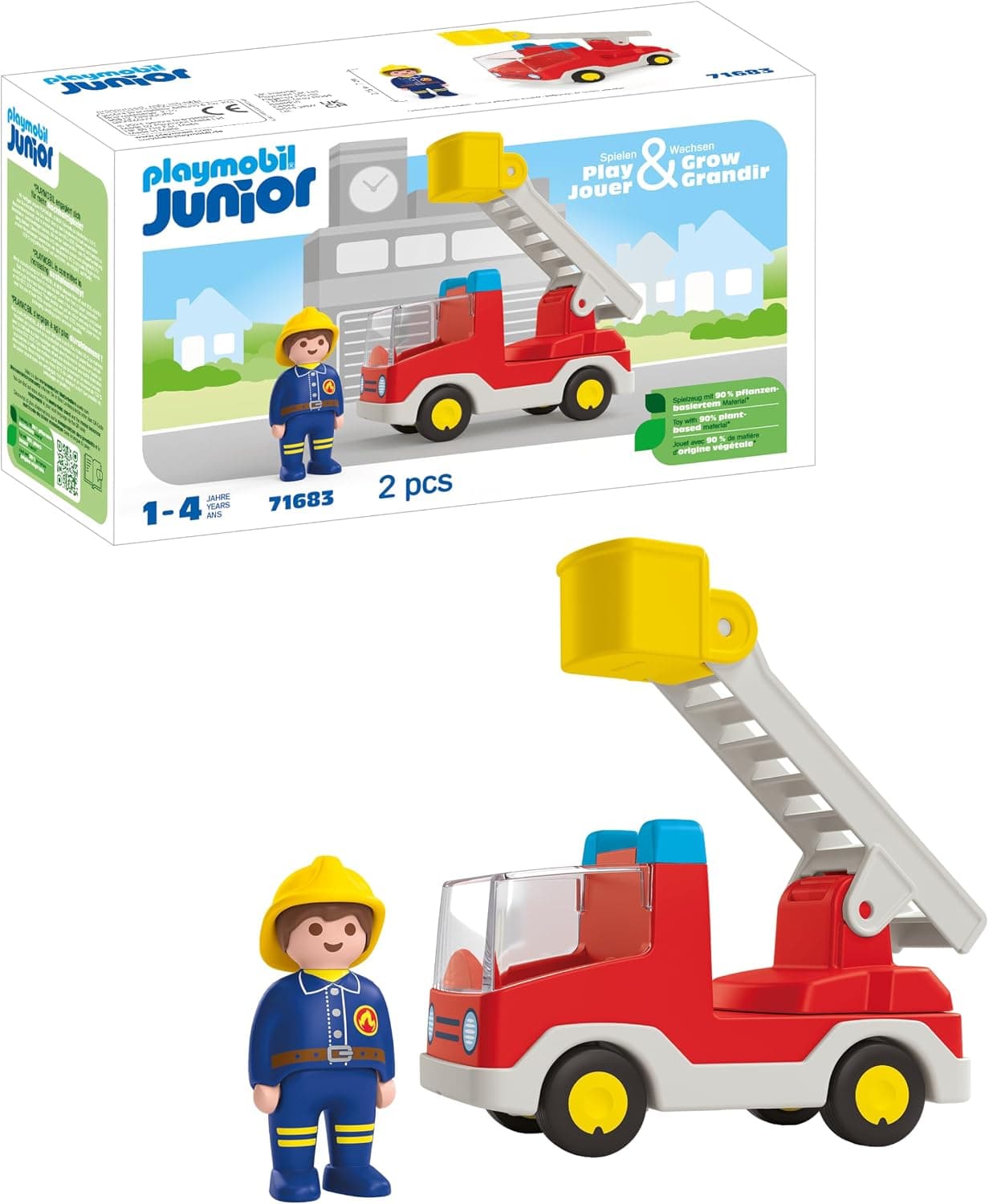 PLAYMOBIL Junior 71683 Camión de Bombero, con Escalera Extensible y Bombero, Hecho de plásticos a Base de Plantas, Juguetes para niños y niñas a Partir de 1 año