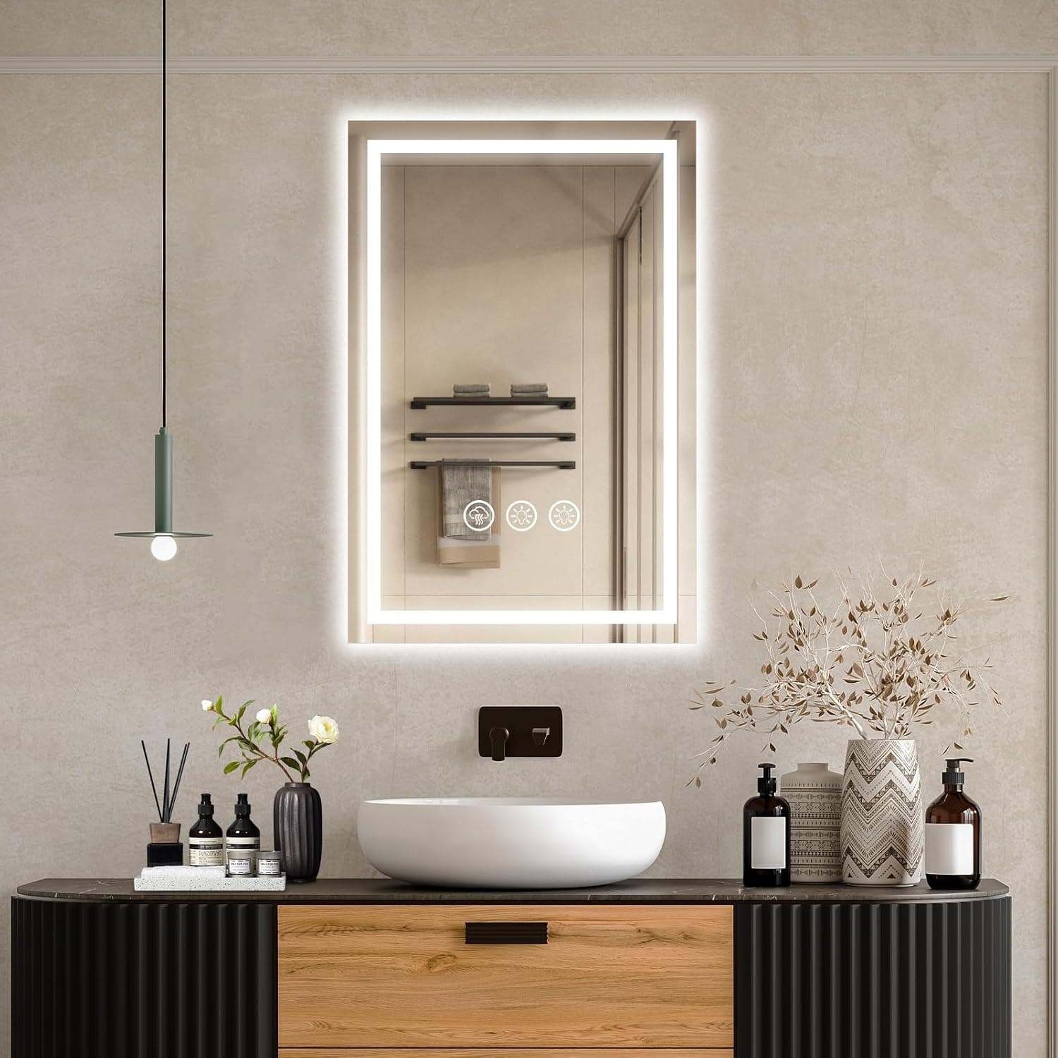 Ratsamee Espejo Baño con Luz 40x60cm, Espejos de Baño con LED con Antivaho, Regulable, 3 Colores Luz, Función Memoria