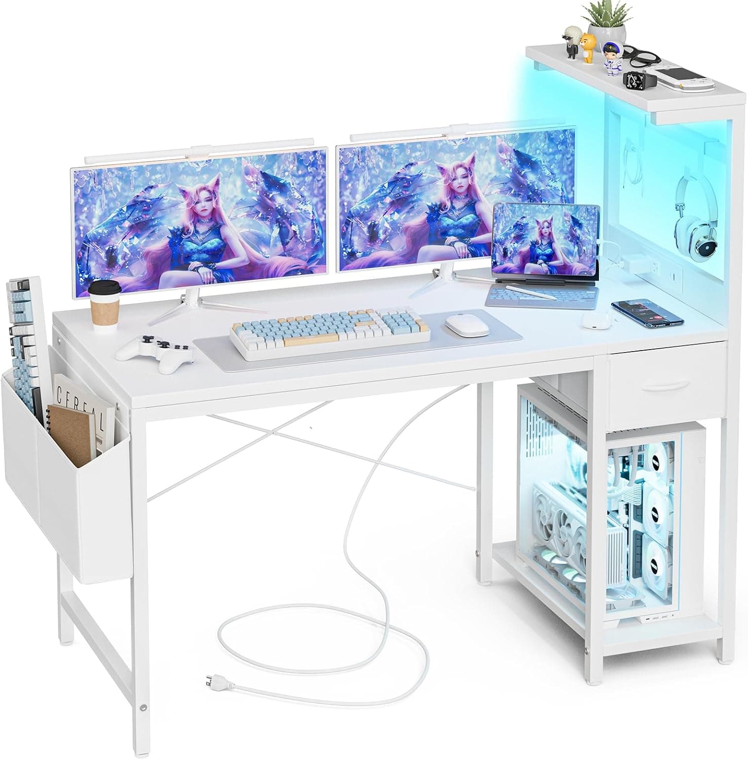 Grandder Escritorio Gaming 120x50 cm con Enchufe LED RGB Estantes Abatibles Cajón Organizador para PC Portátil Hogar/Oficina Incluye Bolso Fibra Carbono Negro