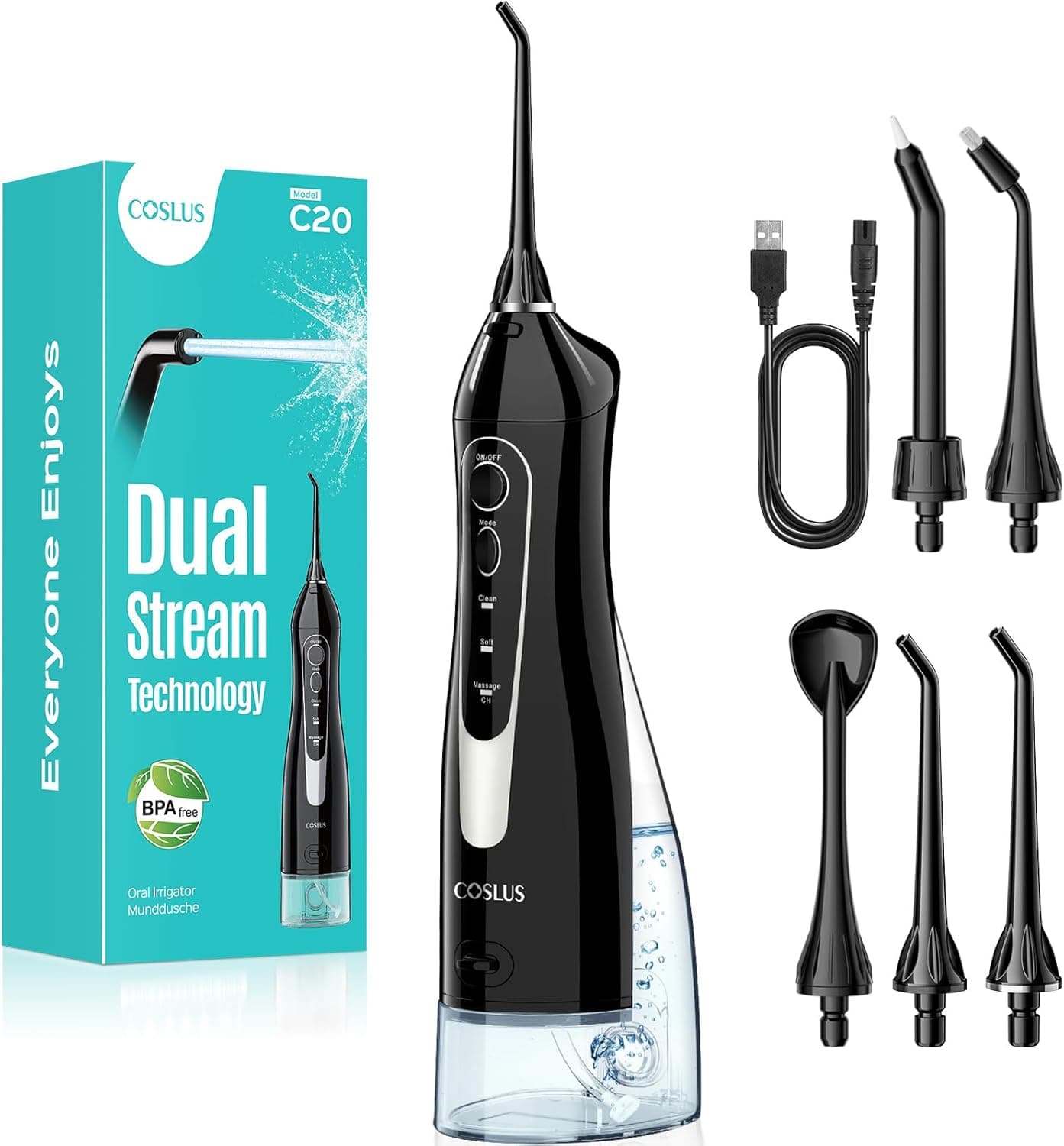 COSLUS C20 Irrigador Bucal Portatil Flosser: 300ML Irrigador Dental Inalámbrico de Riego para Limpieza Dental Doble chorro de agua IPX7 Impermeable Limpieza Diente Para Hogar baño y los Viajes Negro