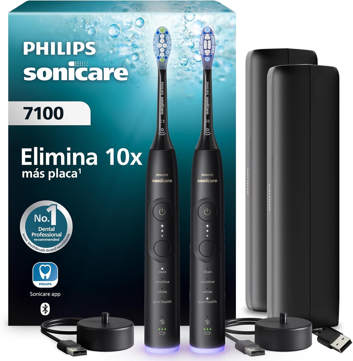 Philips Sonicare 7100 cepillo dental eléctrico, sónico con 4 modos de cepillado y 3 niveles de intensidad, EasyStart, negro, paquete de 2, modelo HX7429/03 [Nueva Tecnología]