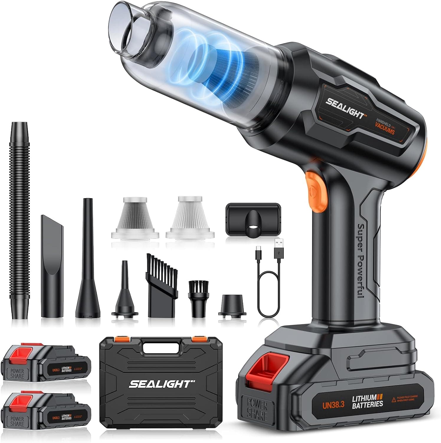 SEALIGHT Aspirador de Mano 50000Pa, Aspiradora de Coche con 60 min de Duración, 2 Pilas Recargables, Motor sin Escobillas para Pelo de Mascotas, Coche, Hogar