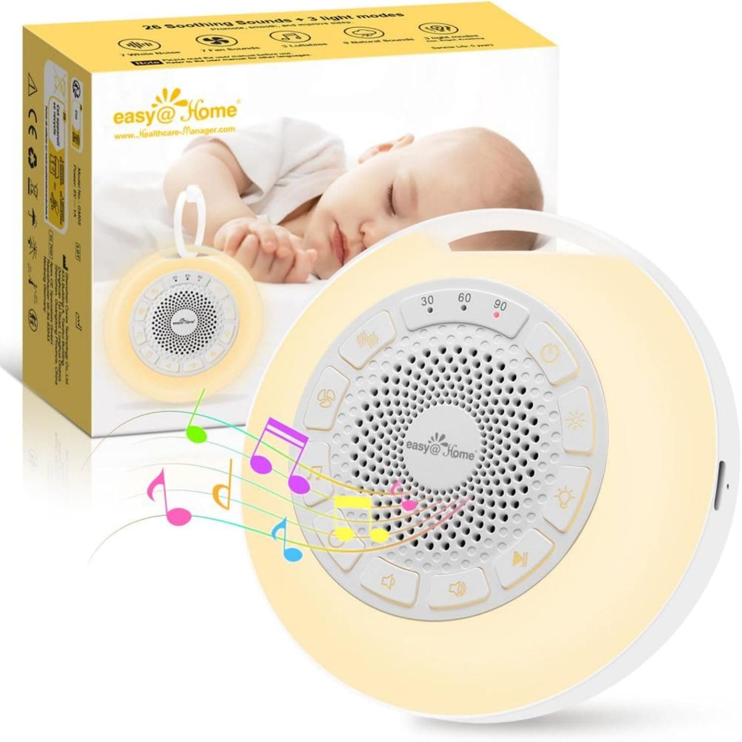 Máquina de Ruido Blanco para Dormir Bebé: Easy@Home Aparato de 26 Sonidos Relajantes con Luz Nocturna Ajustable Ambiental en Siete Colores & Temporizador丨Recargable por Tipo-C丨Blanco