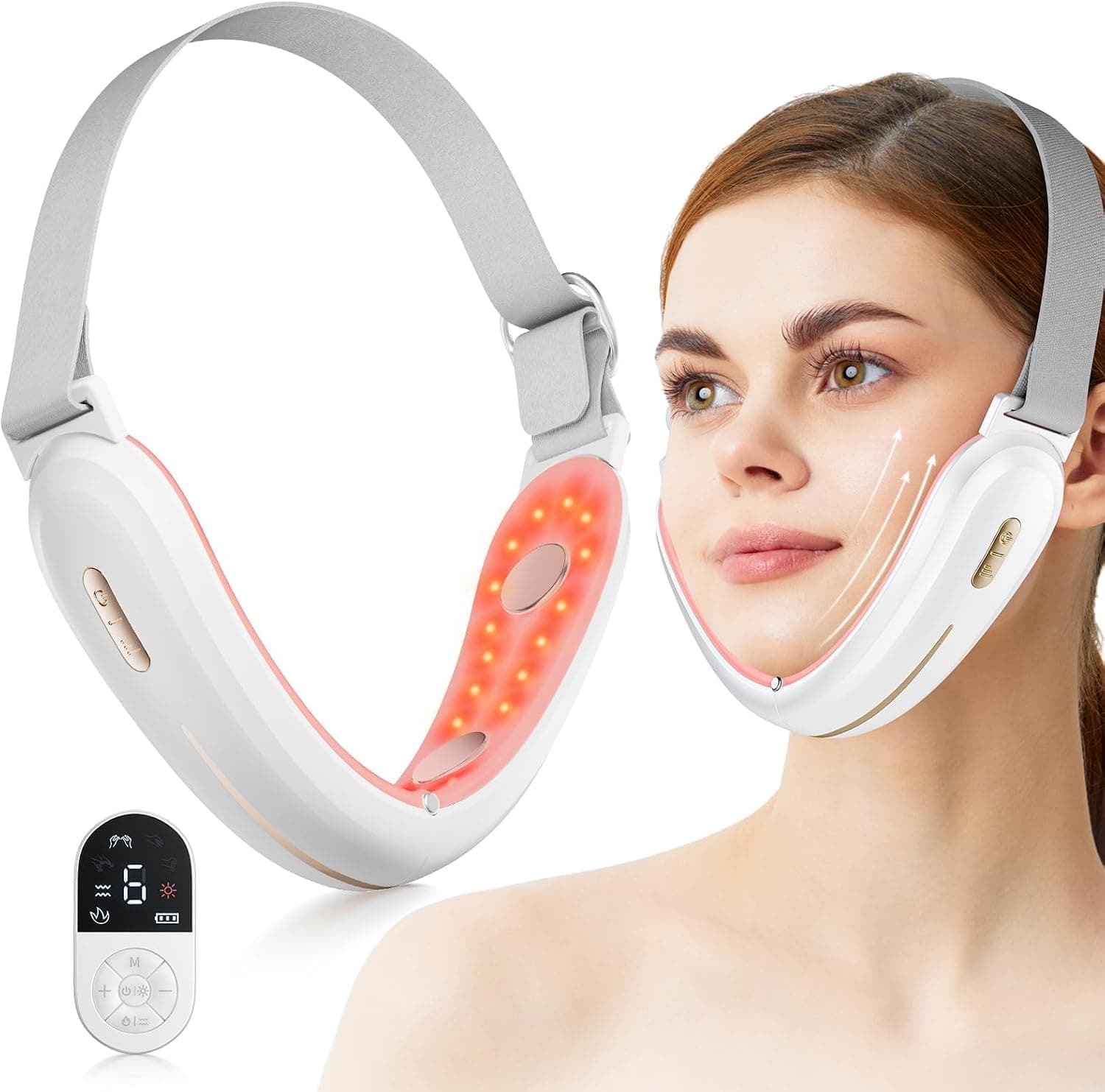 ANLAN Papada Lifting V-Face, EMS Masajeador Facial Shapping con Caliente, Lifting y Reafirmante con Fototerapia Roja y Azul, 6 Modos, Tipo-C (Blanca)