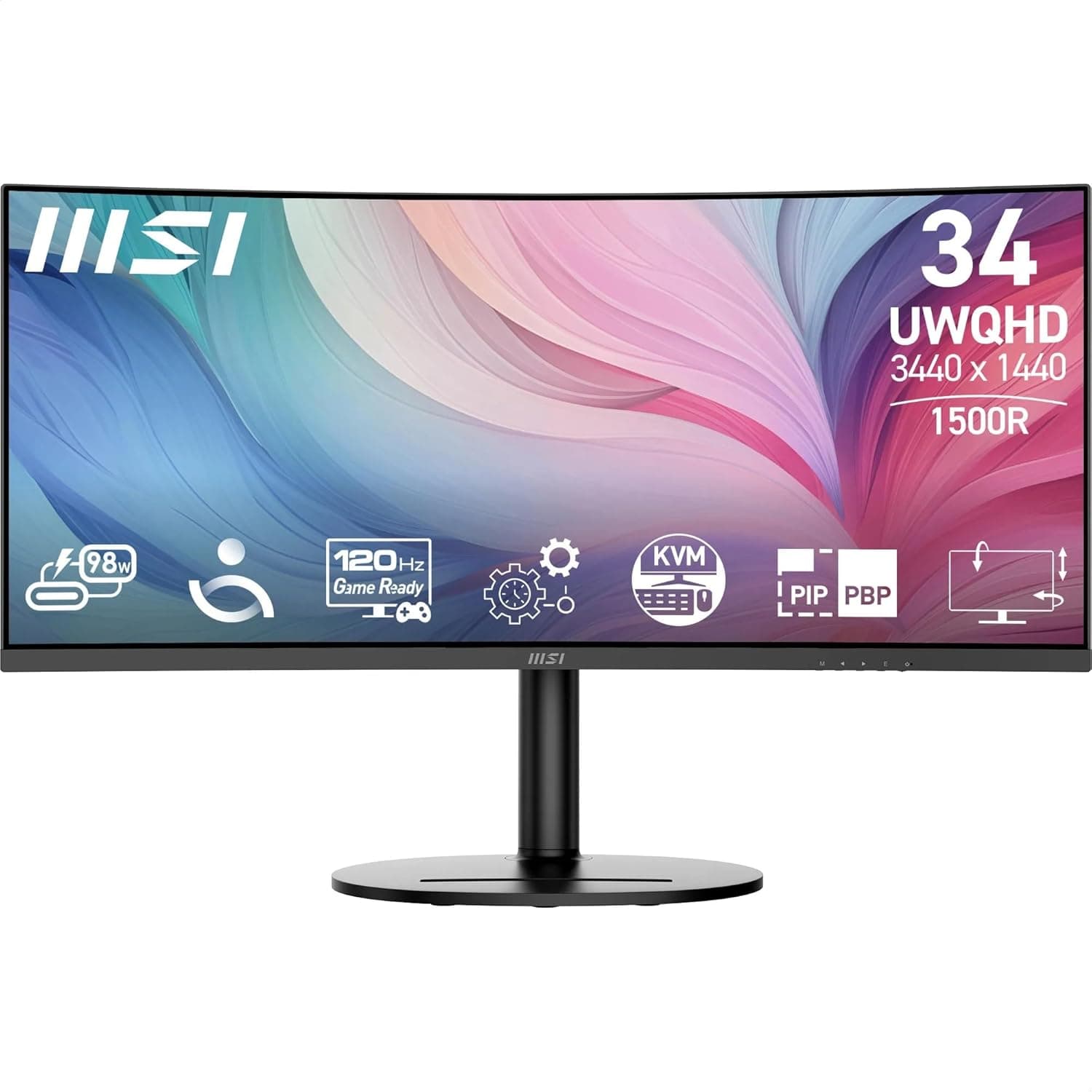 MSI Modern MD342CQP Monitor Curvo de 34'' UWQHD 1500R - Panel VA 3440 x 1440, KVM, Pip/PBP, Amplia, Altavoces Integrados, Ajustable en 3 direcciones - HDMI 2.0b, DisplayPort (1.4a)