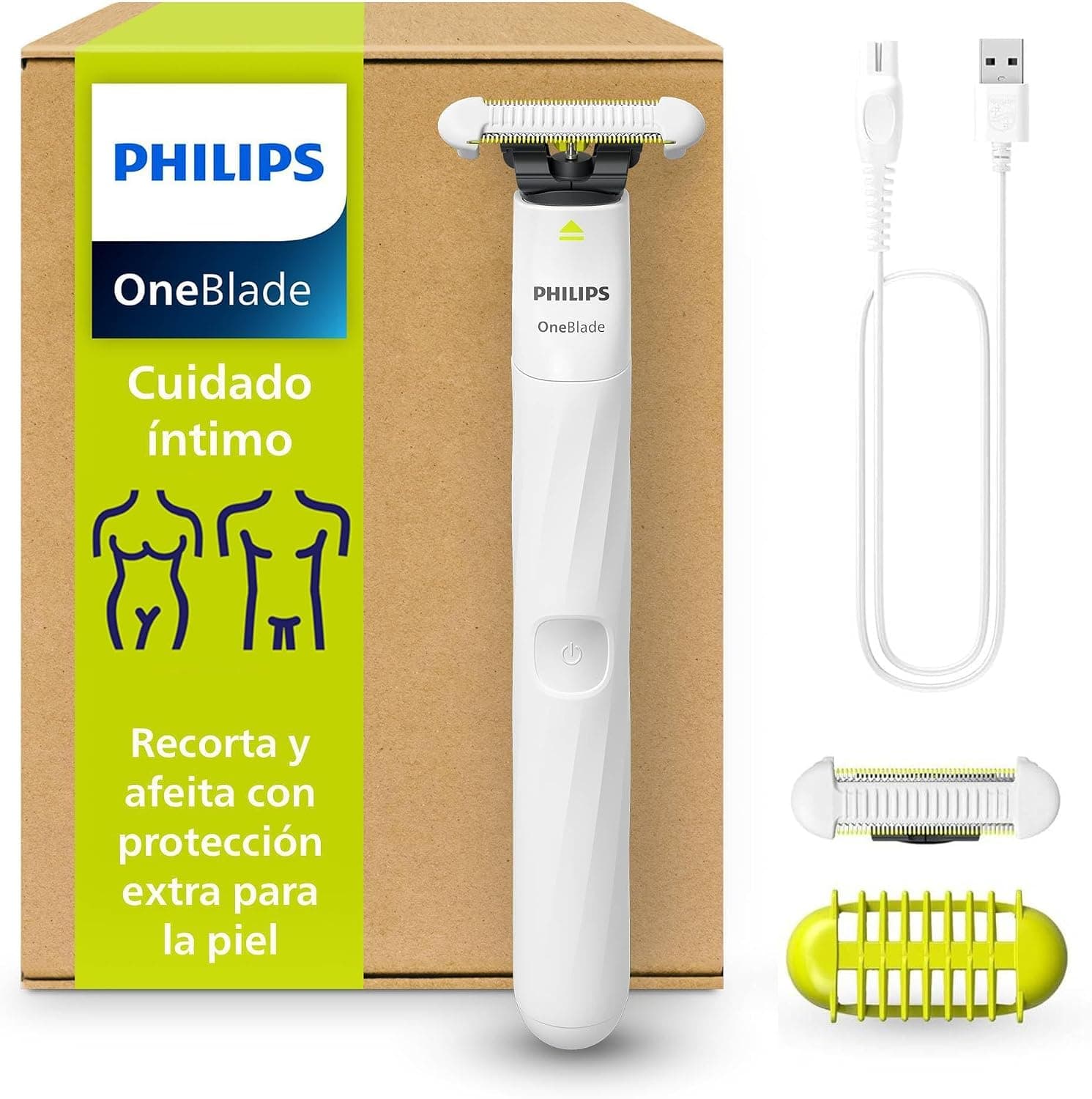 Philips OneBlade Intimate, Cuidado Íntimo, Recorta y Afeita con Protección Extra para la Piel, Depilación apurada y cómoda — sin rasurar completamente al ras, Modelo QP1924/30
