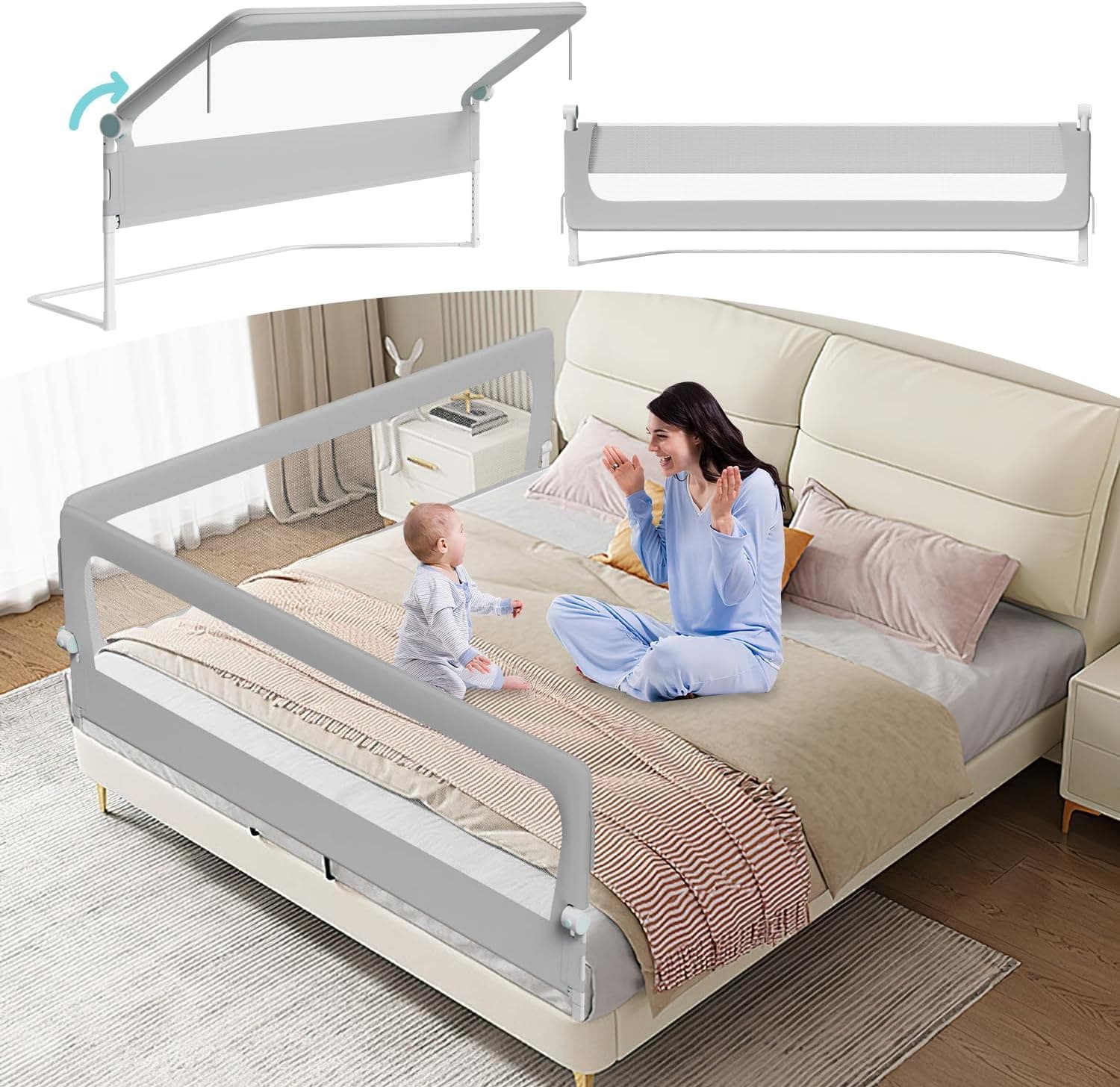 Barrera para cama de 150 cm, protección contra caídas, plegable 180 grados, altura ajustable 72-86 cm, rejilla para cuna con patas trapezoidales y correas de fijación, gris