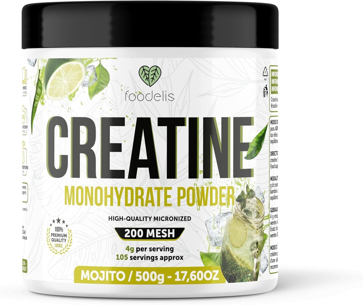 Foodelis Creatina Monohidratada en Polvo 500 g – Sabor Mojito – 100% Creatina Micronizada – Alta Pureza – Sin Aditivos – Vegana – Alta Solubilidad – Incluye Dosificador