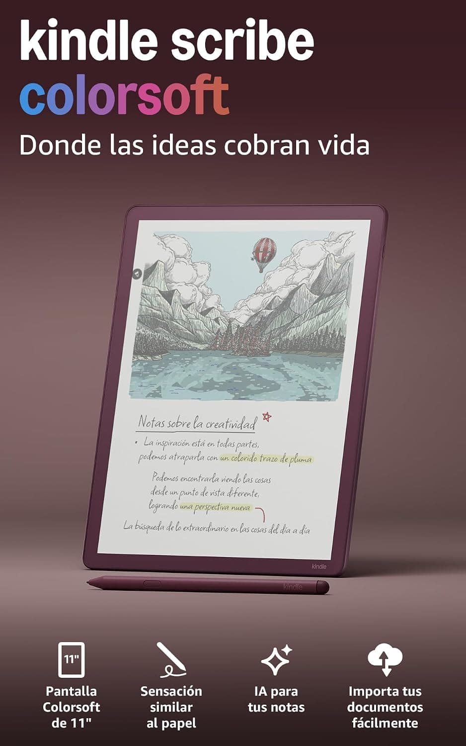 Amazon Kindle Scribe Colorsoft (última gen.): fino, ligero y rápido, con pantalla a color de 11" similar al papel y luz frontal, cuadernos integrados + Kindle Unlimited