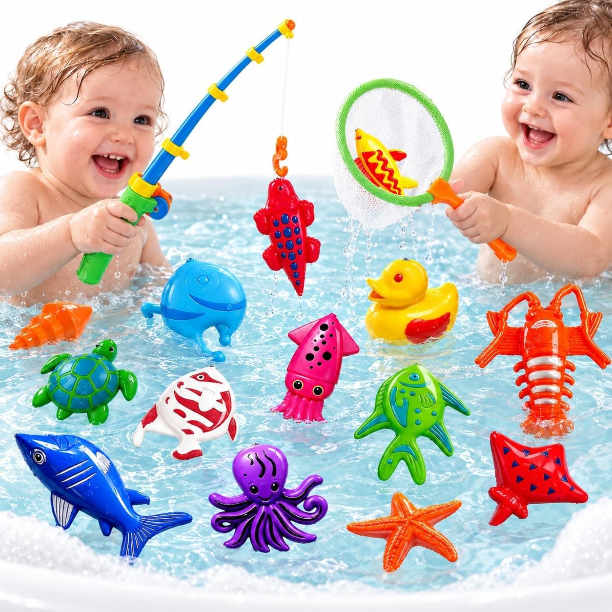Juego de Pesca Magnético para Niños 3 4 5 Años - Set de Agua Refrescante para Combatir el Calor - Incluye 2 Cañas, Bolsa de Red y Criaturas Marinas - Juguete Educativo para Piscina, Jardín y Bañera