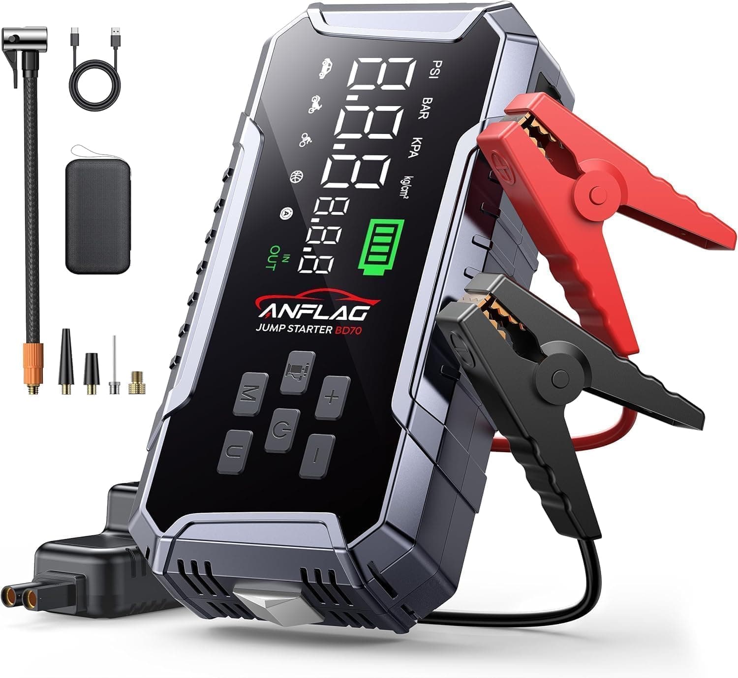 Arrancador de Baterias de Coche con Compresor de Air,ANFLAG 8000A 160PSI Arrancador(para All Gas/12L Diésel/Híbrido),26800mAh 12V Jump Starter con Clips de Seguridad Inteligentes/Martillo de seguridad