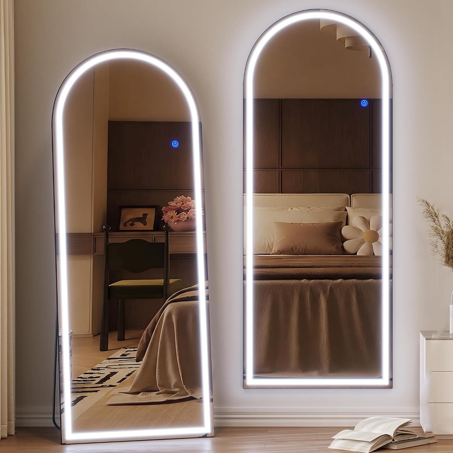 ZKIODV 165x65cm Arqueado Espejo de Cuerpo Entero LED, Grande Espejo de Pared con Luz, Moderno Espejo de Arco, Espejo de pie con Luces, Espejo Vestidor para Dormitorio, Salón (Negro)