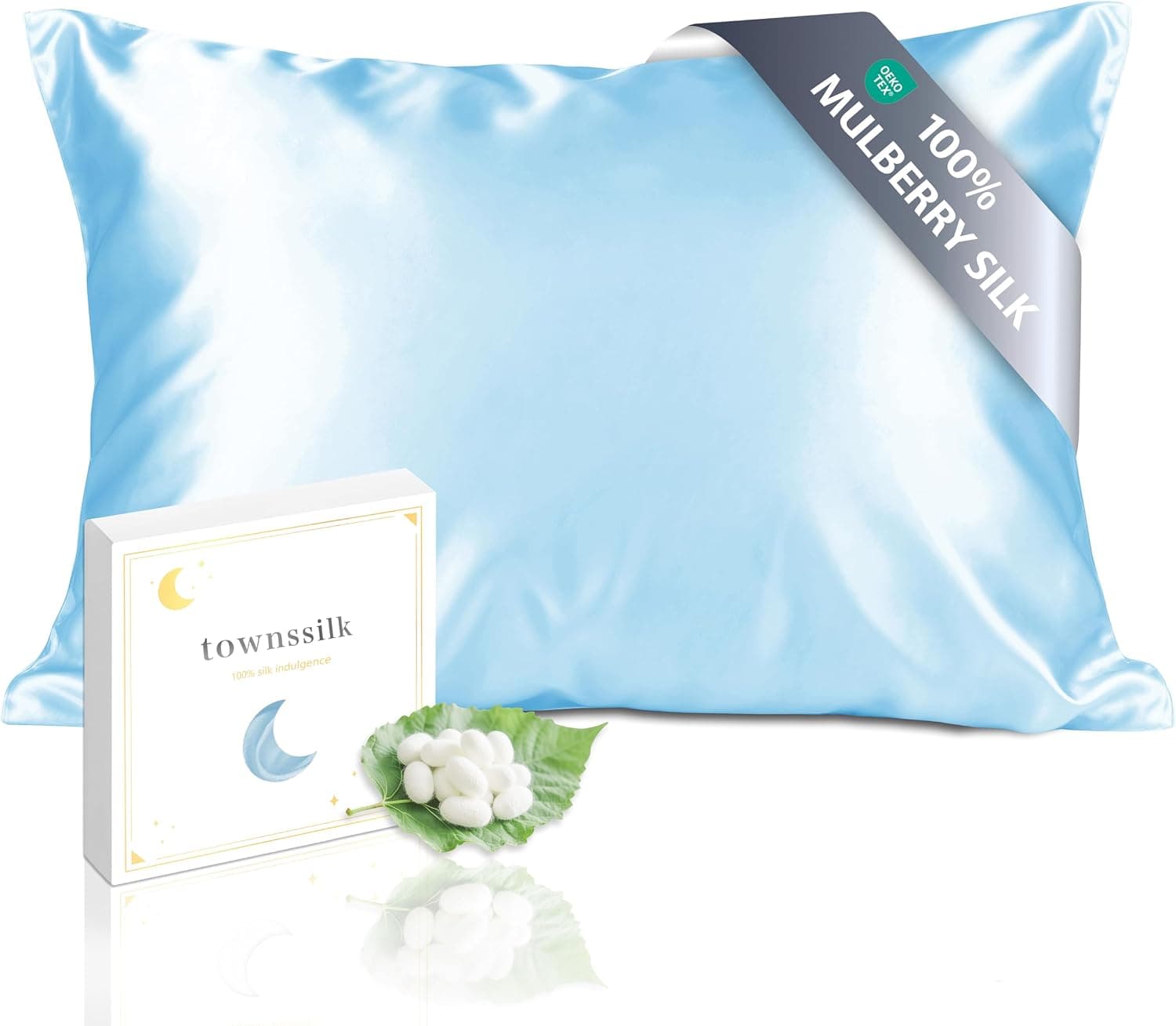 townssilk Funda de almohada de seda de 40x80cm – 100% seda de morera, 19mm, reversible, certificada Oeko-TEX, clase de calidad 6A, con cremallera, 1 unidad, azul hielo
