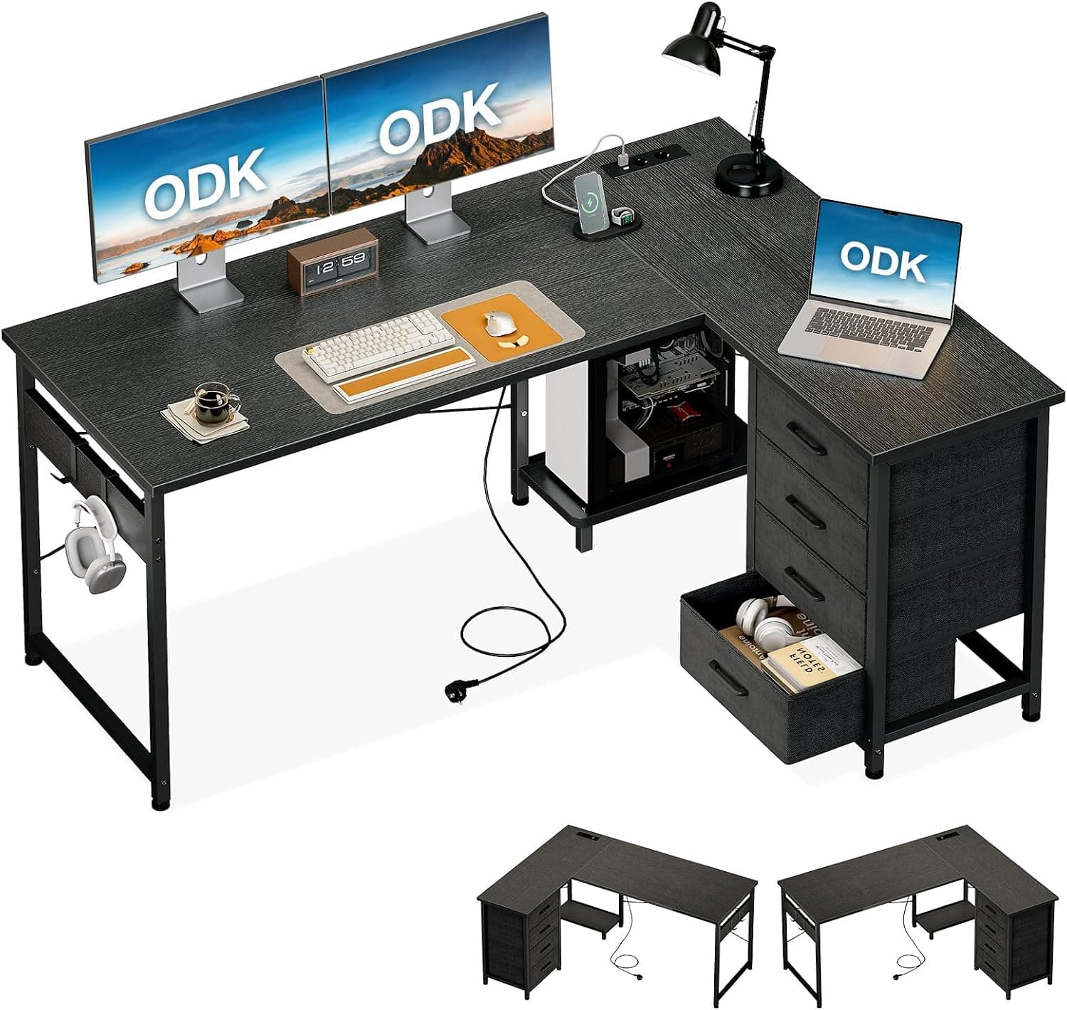 ODK Escritorio Esquinero Gaming con 4 Cajones de Tela, 135x100cm, Negro