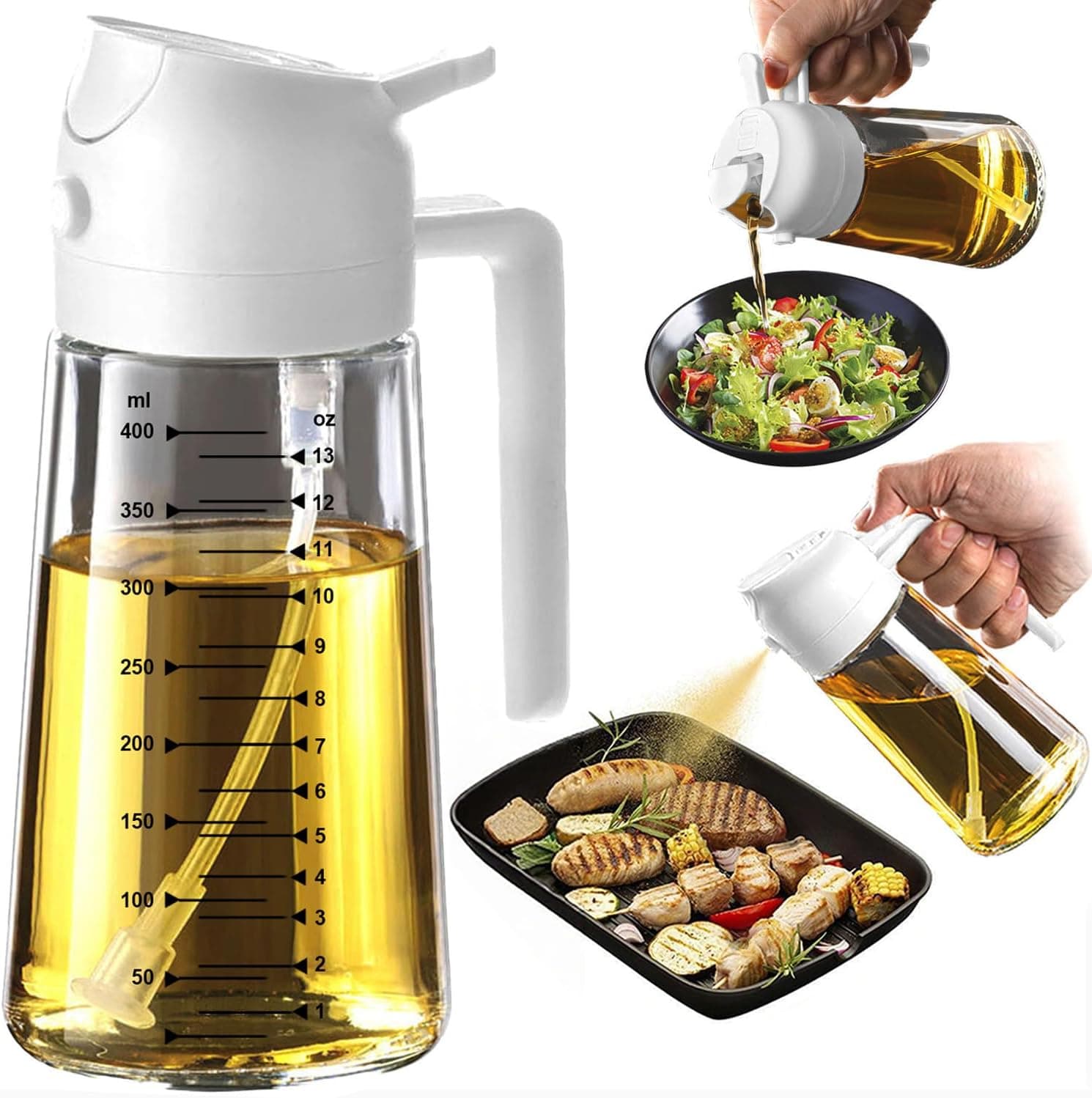 TrendPlain Pulverizador Aceite Spray 470ml - 2 en 1 Spray Aceite Cocina, Dispensadora para Freidora de Aire, Ensaladas, Vinagre y Accesorios Cocina (1 unidad, Blanco - 2)